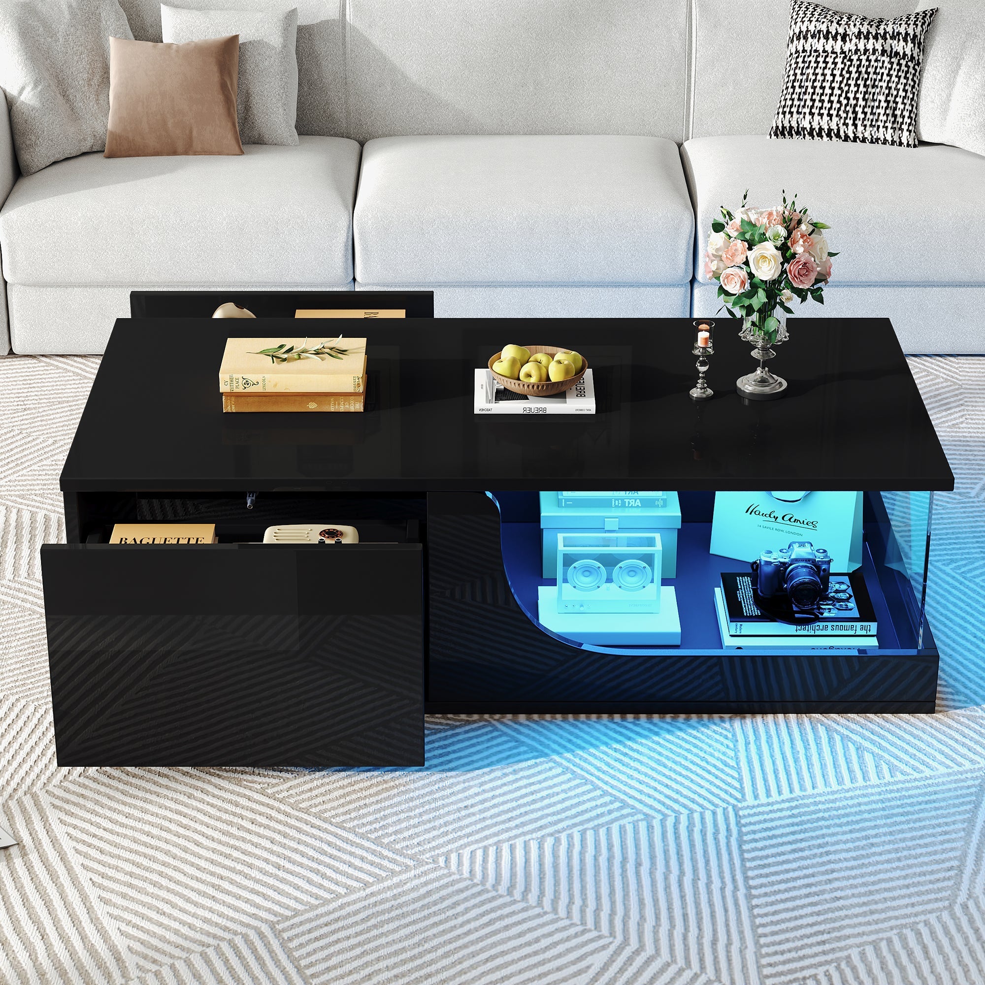 Logidon Zwarte hoogglans salontafel 100x50x30 cm LED-verlichting