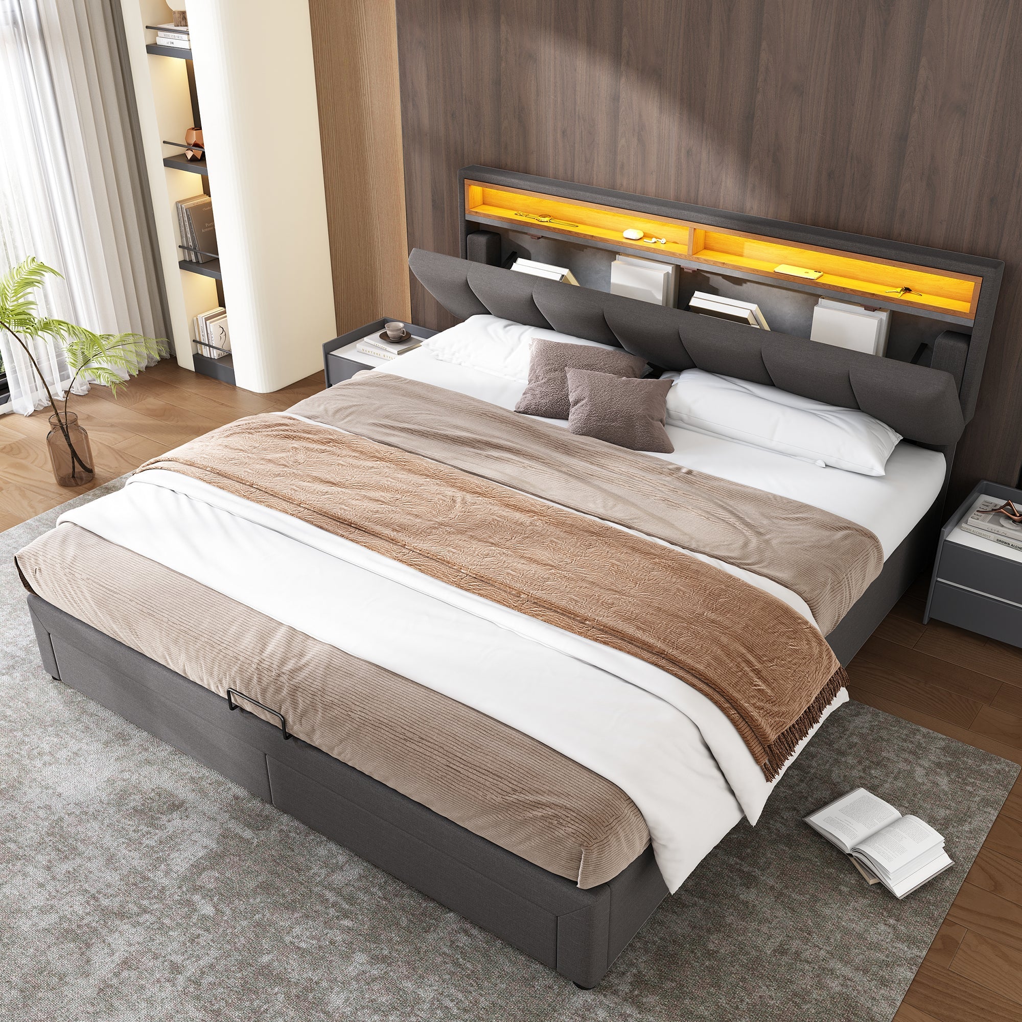 Logidon gestoffeerd bed met LED-verlichting en opbergruimte 160x200 grijs