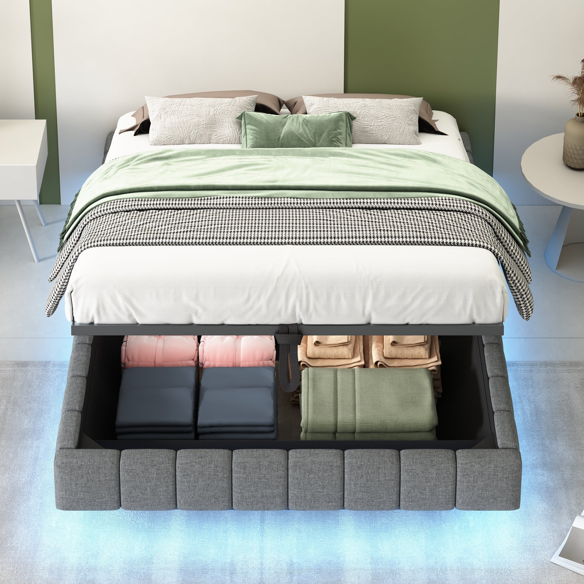 Logidon gestoffeerd bed 140x200 cm met opbergruimte LED licht linnengrijs
