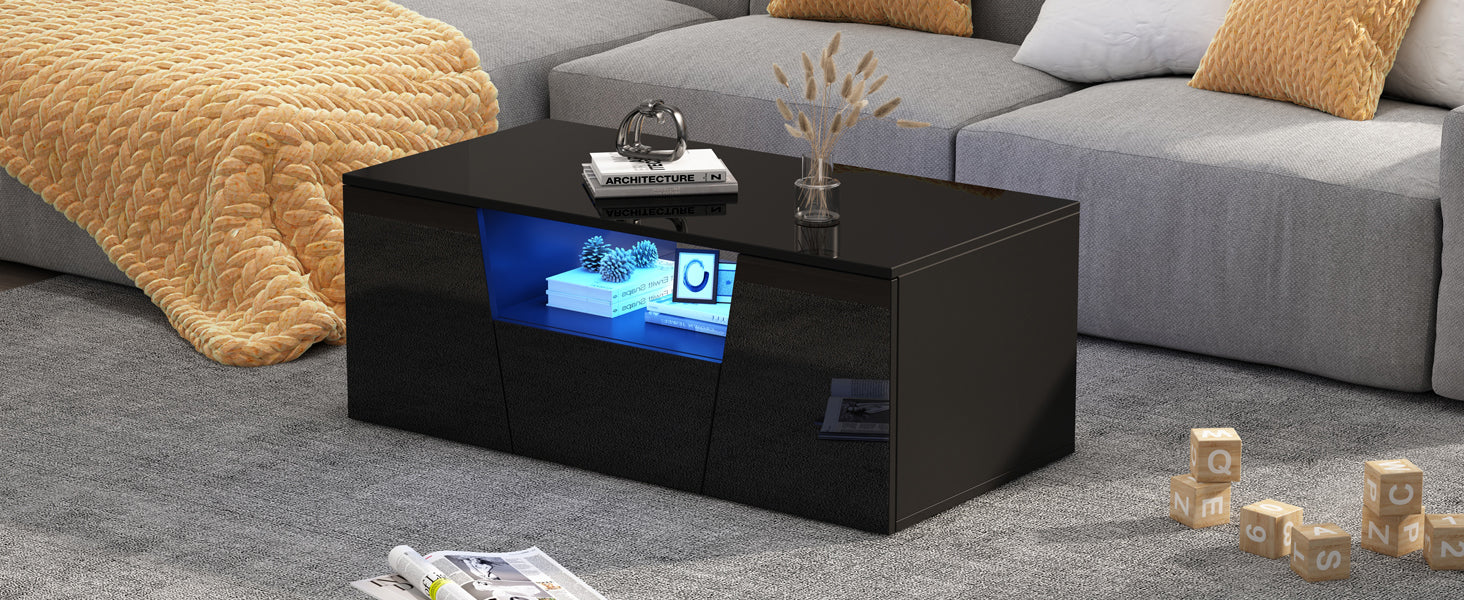Logidon coffee table 100x50x40 cm black with LED 2 cabinets 1 drawer