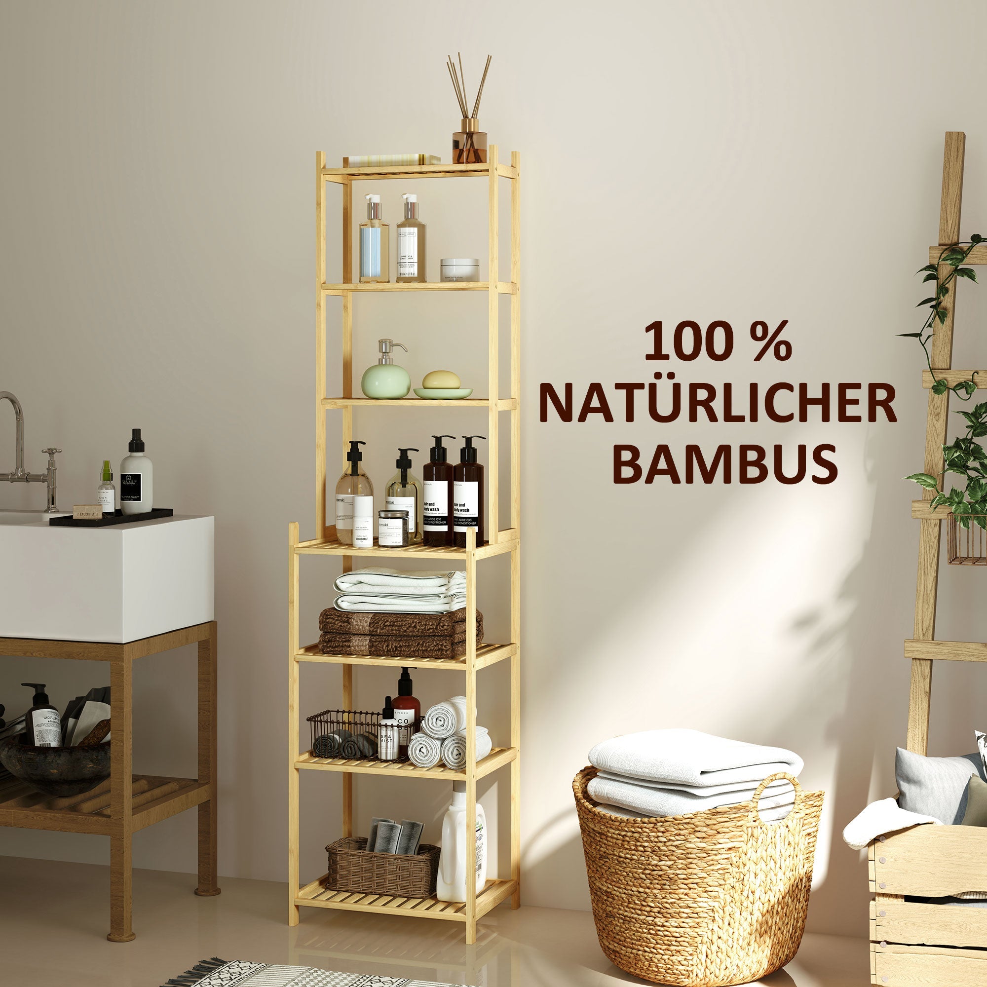 Logidon bathroom shelf natural bamboo 7 levels ladder shelf 44x33x180 cm