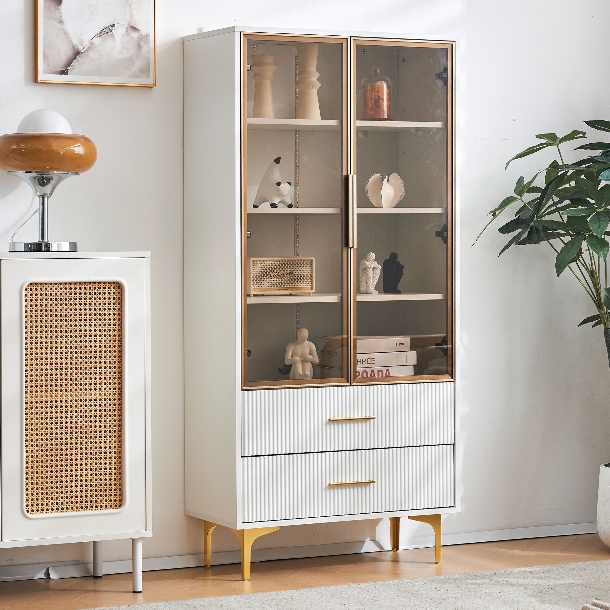 Logidon Elegant White Glass Display Cabinet 70x35x150 cm Teal Glass Doors