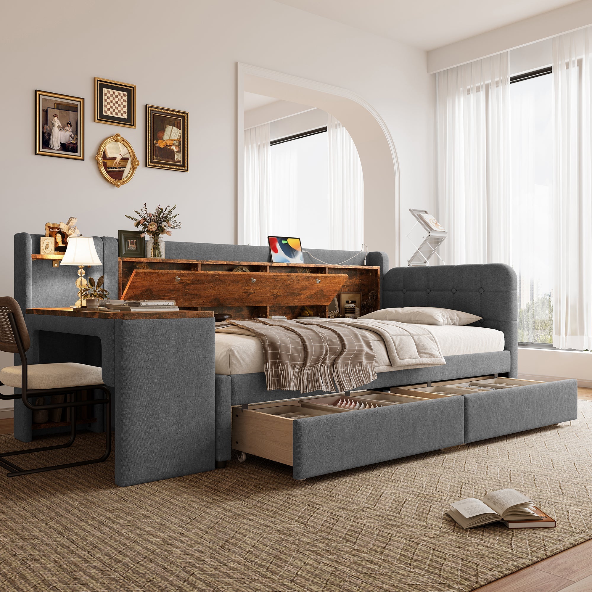 Logidon Daybed 90x200 cm slaapbank met bureau grijs USB Type C