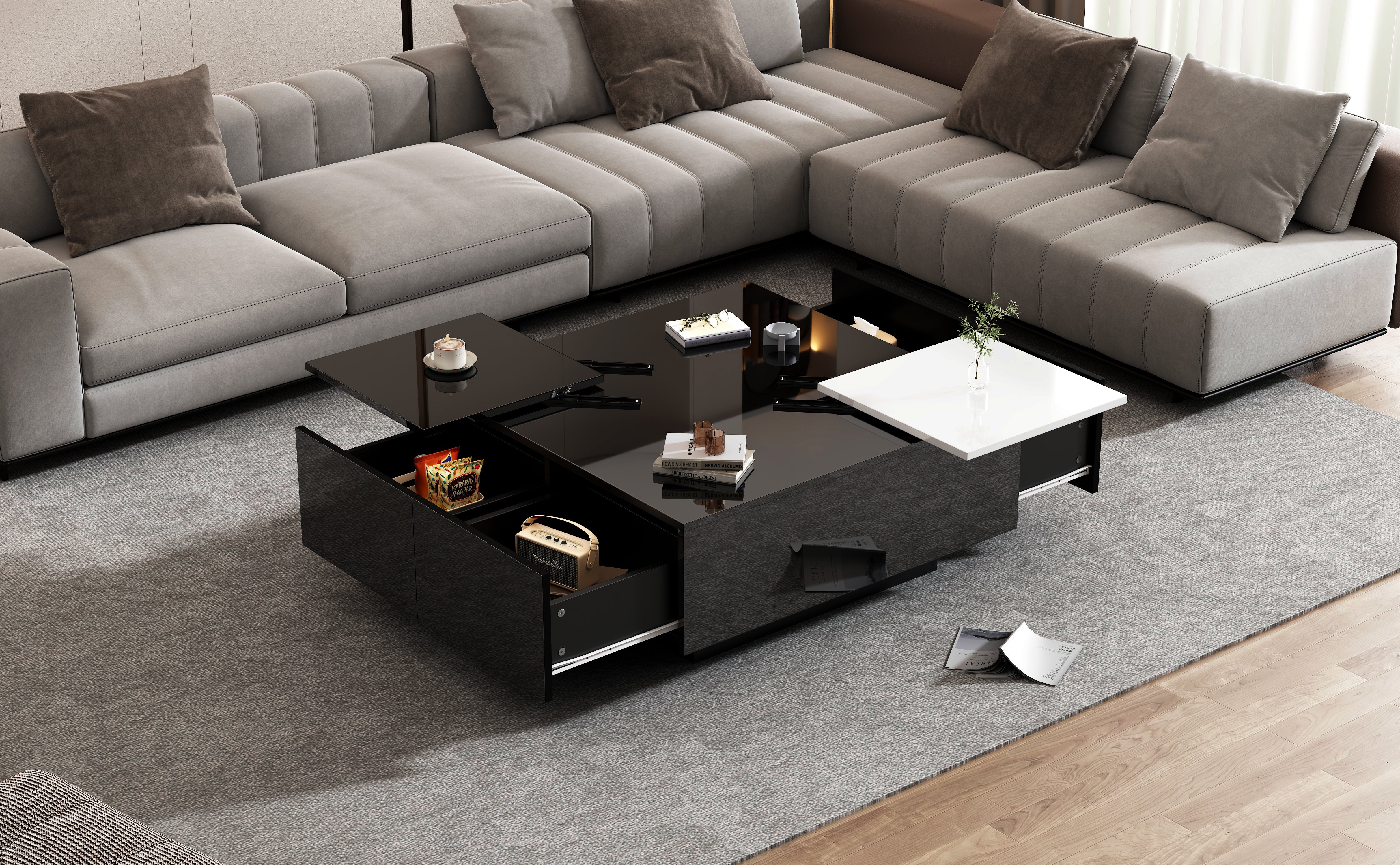 Logidon Hoogglans Salontafel Zwart Wit 75x75 Cm Met 4 Laden