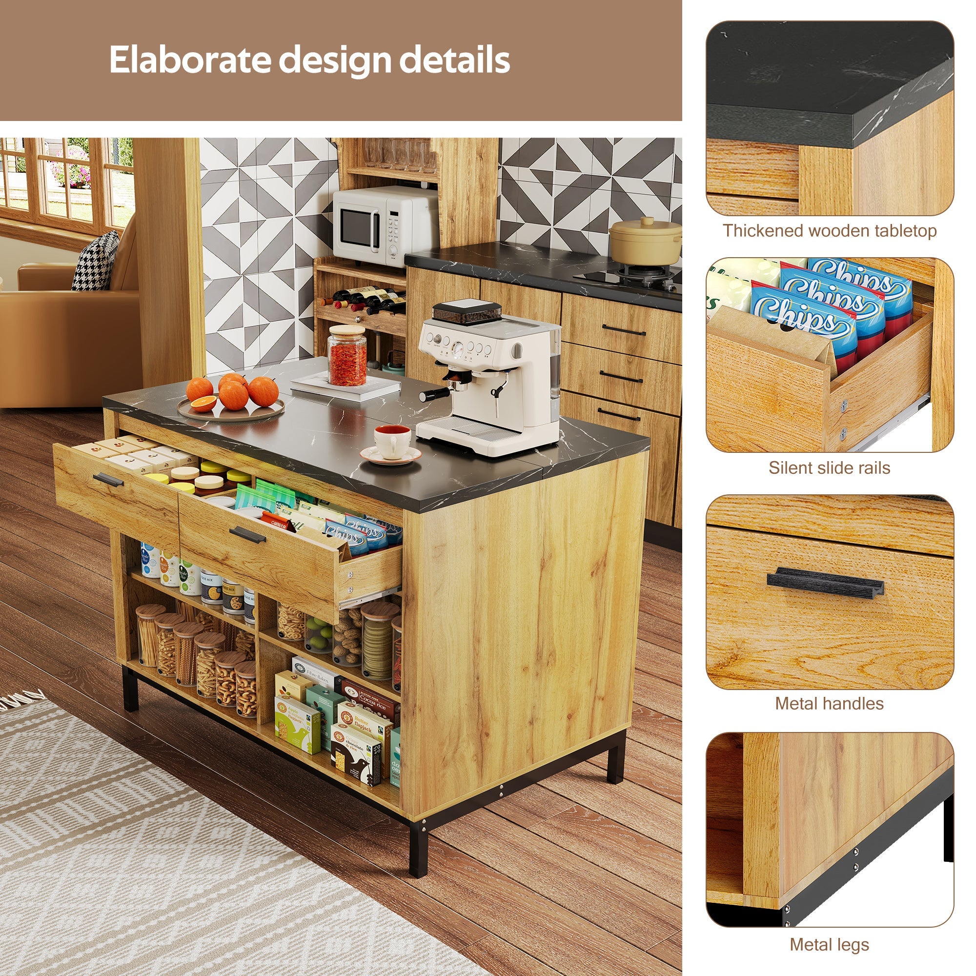 Logidon kitchen island country house style 120x75x90 cm with 2 drawers and 4 shelves