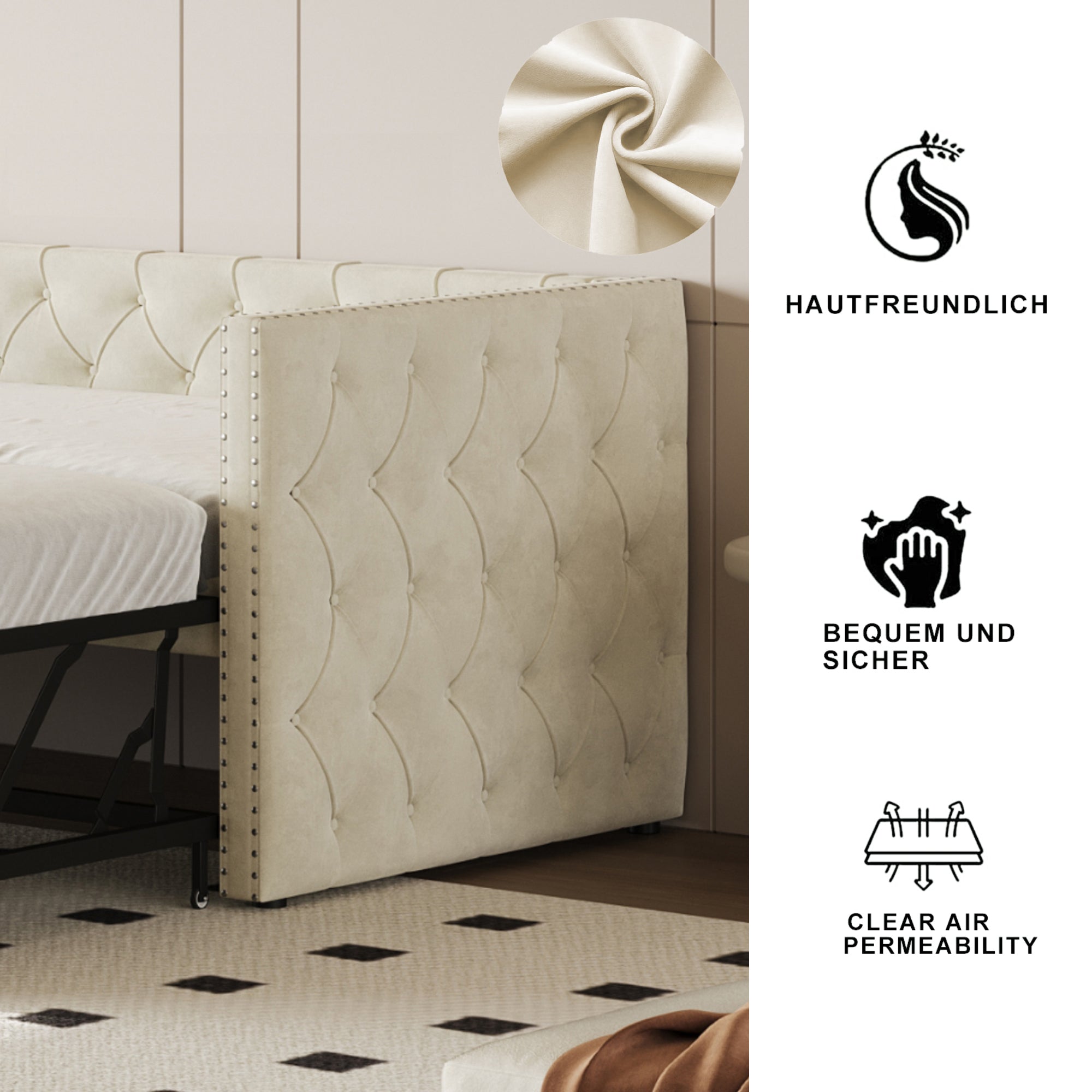 Logidon gestoffeerd bed slaapbank 90x200 beige fluwelen lattenbodem