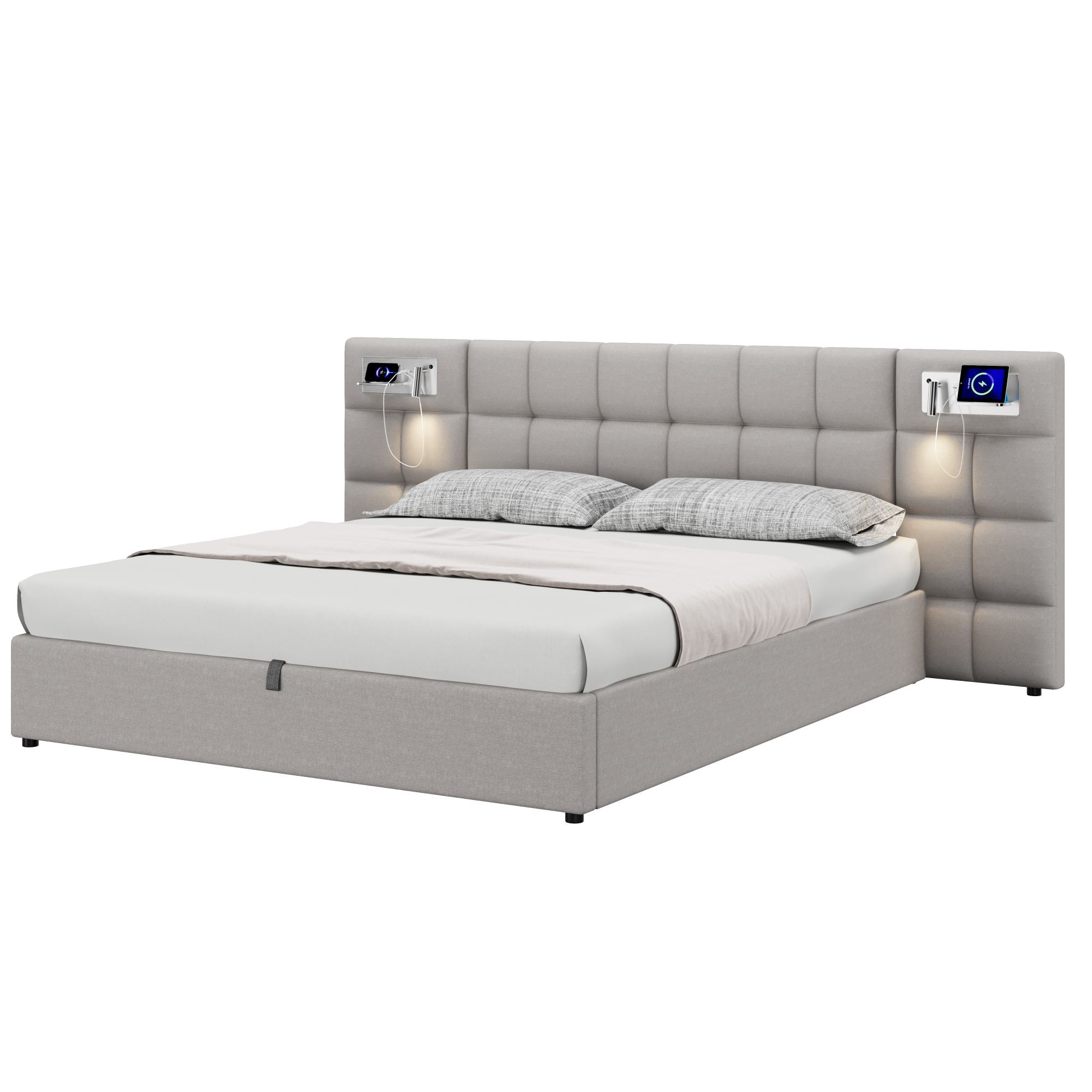 Logidon gestoffeerd bed 180x200 cm grijs hydraulisch bed USB-licht opbergruimte