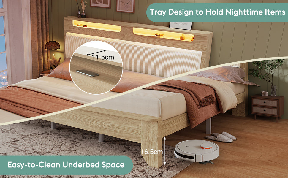 Logidon double bed 140x200 cm beige LED lighting headboard storage space