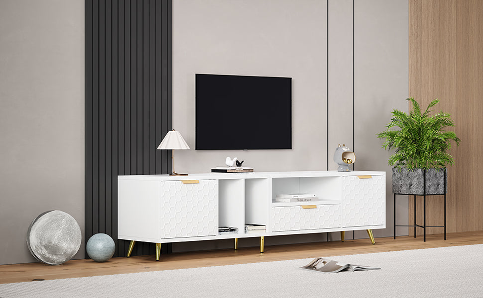 Logidon White TV Stand with Honeycomb Pattern and Storage Space for up to 80 Inches