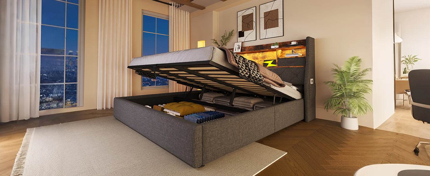 Logidon gestoffeerd bed 160x200 cm met opbergruimte, LED-hoofdbord, USB-C