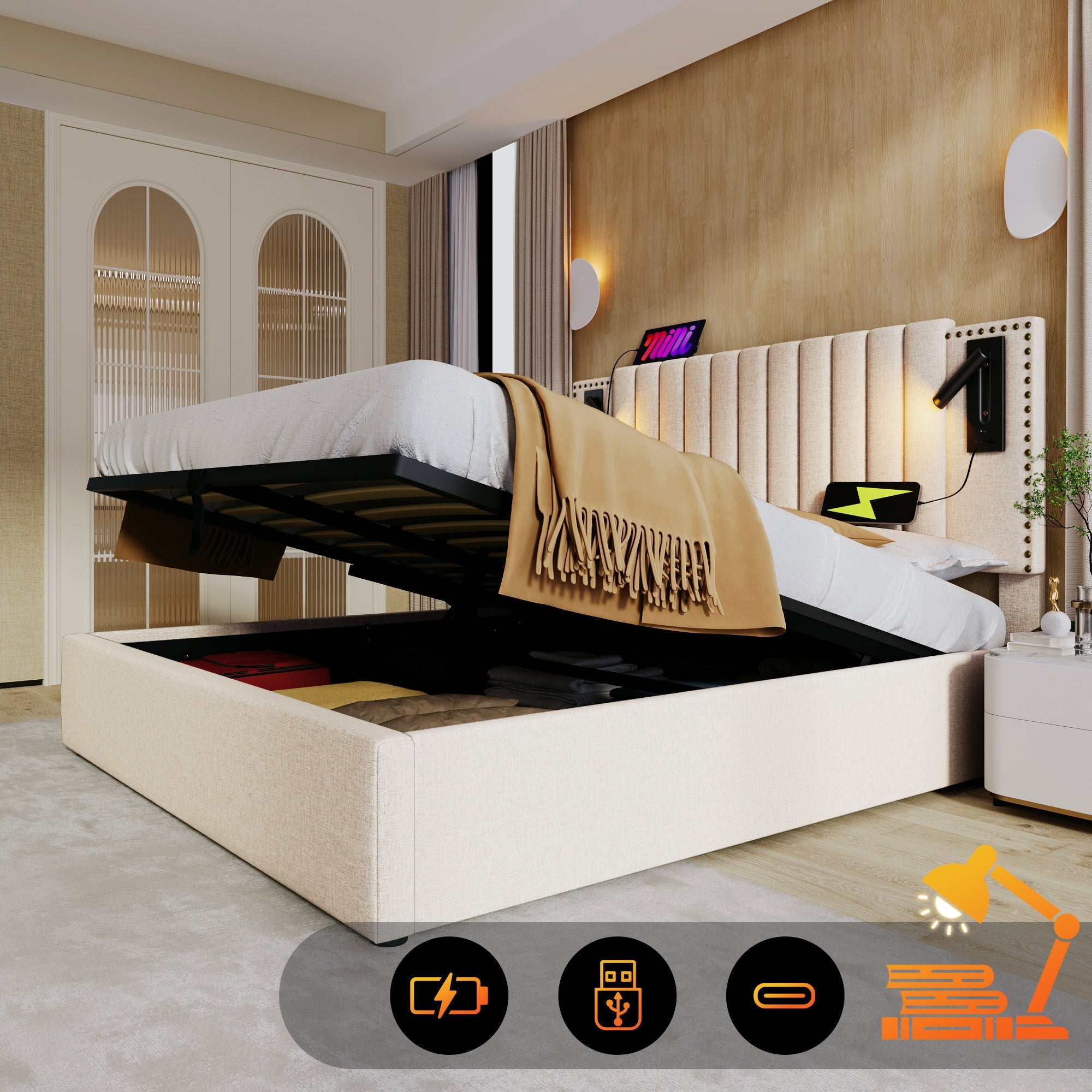 Logidon gestoffeerd bed 160x200 beige met opbergruimte en USB-leeslamp
