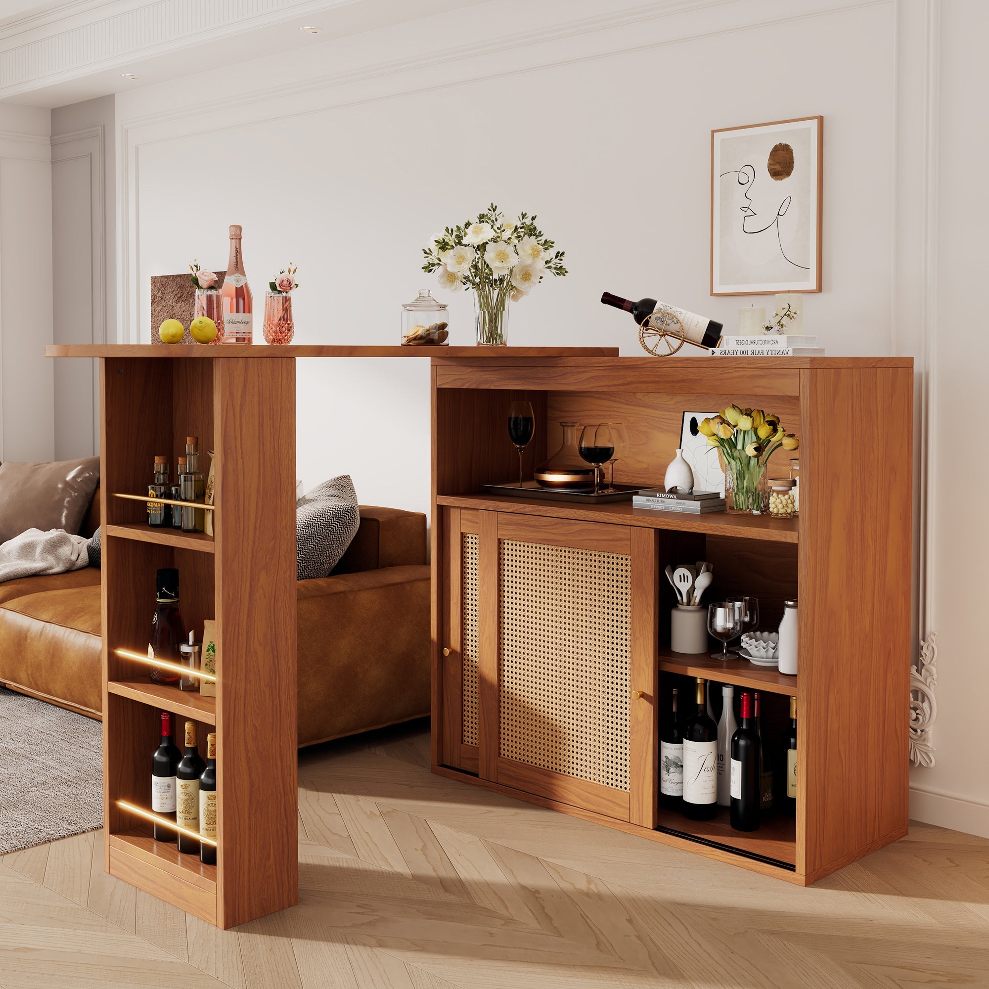 Logidon uitschuifbare bartafel opbergruimte rotan geweven 138 tot 193 cm