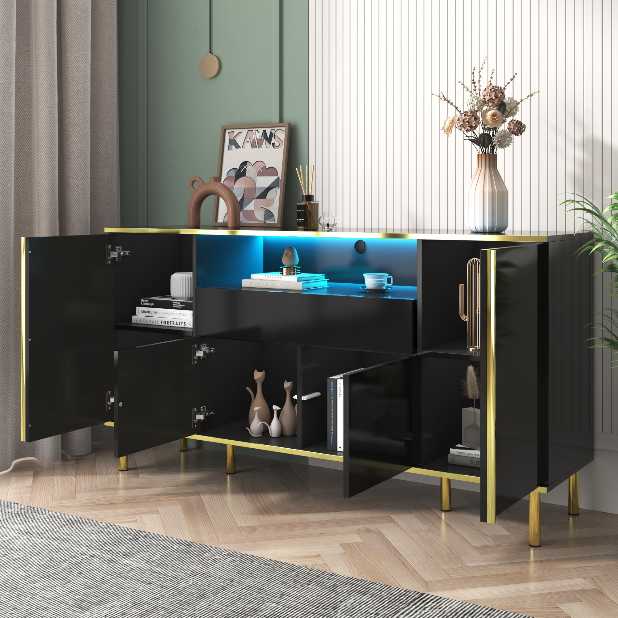 Logidon high-gloss sideboard black 150x40x80 with LED accents