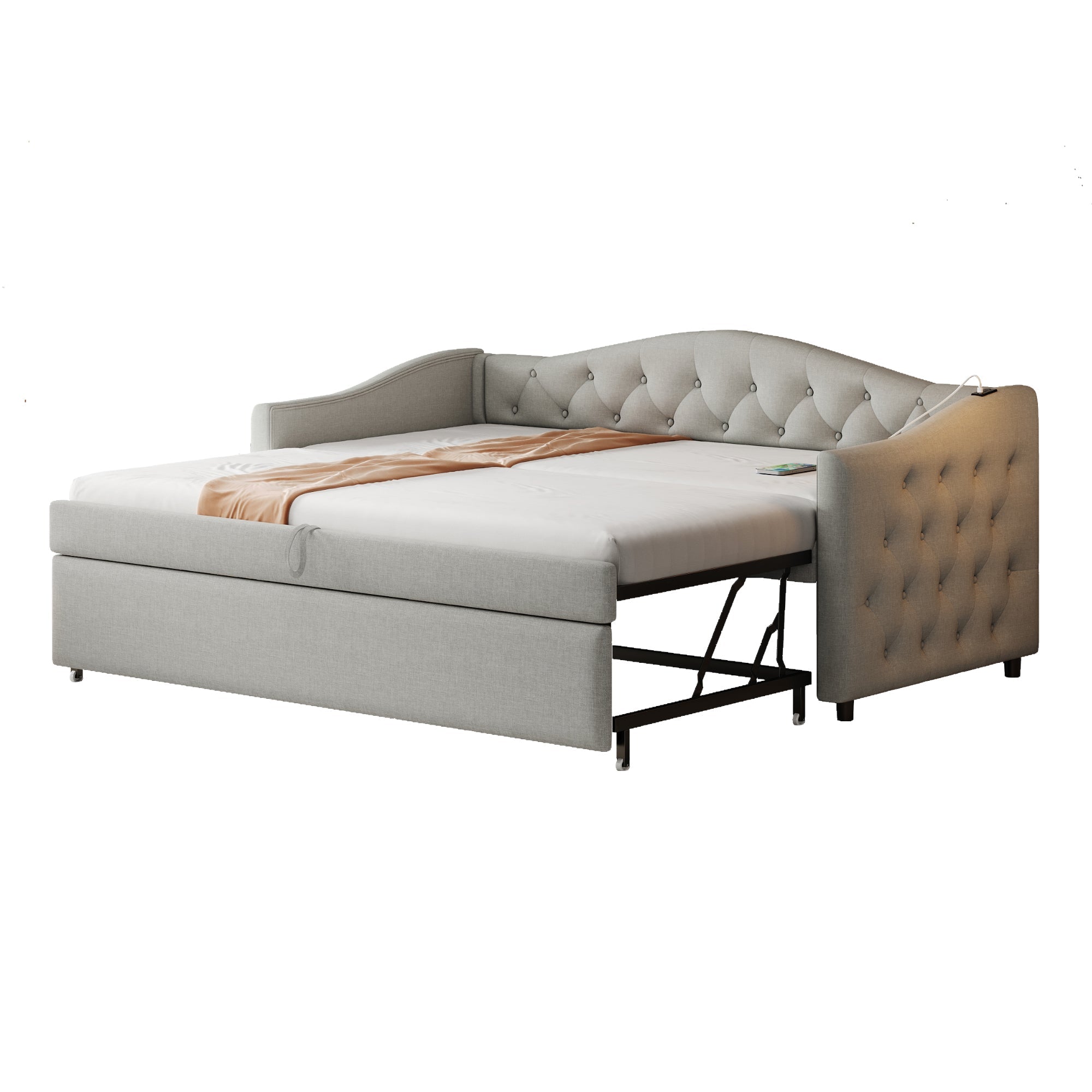 Logidon gestoffeerd bed uitschuifbare slaapbank 90x200 grijs linnen stof USB