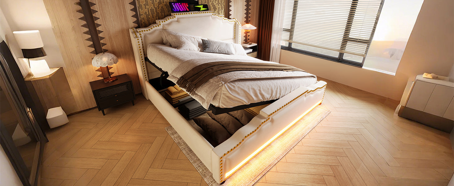 Logidon gestoffeerd bed 140x200 beige fluweel met opbergruimte LED USB C