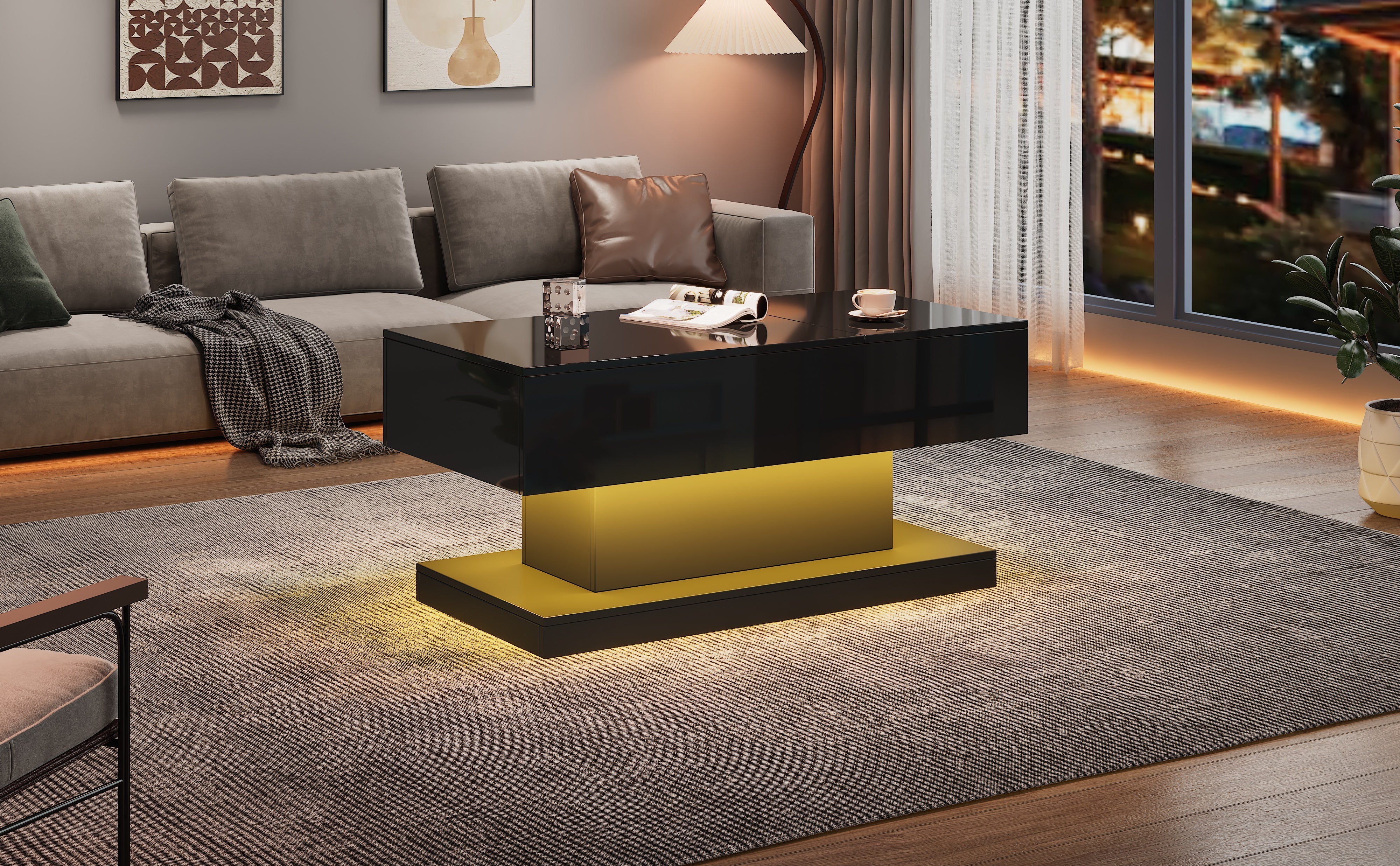 Logidon hoogglans liftsalontafel zwart 100x50x45 cm LED-verlichting