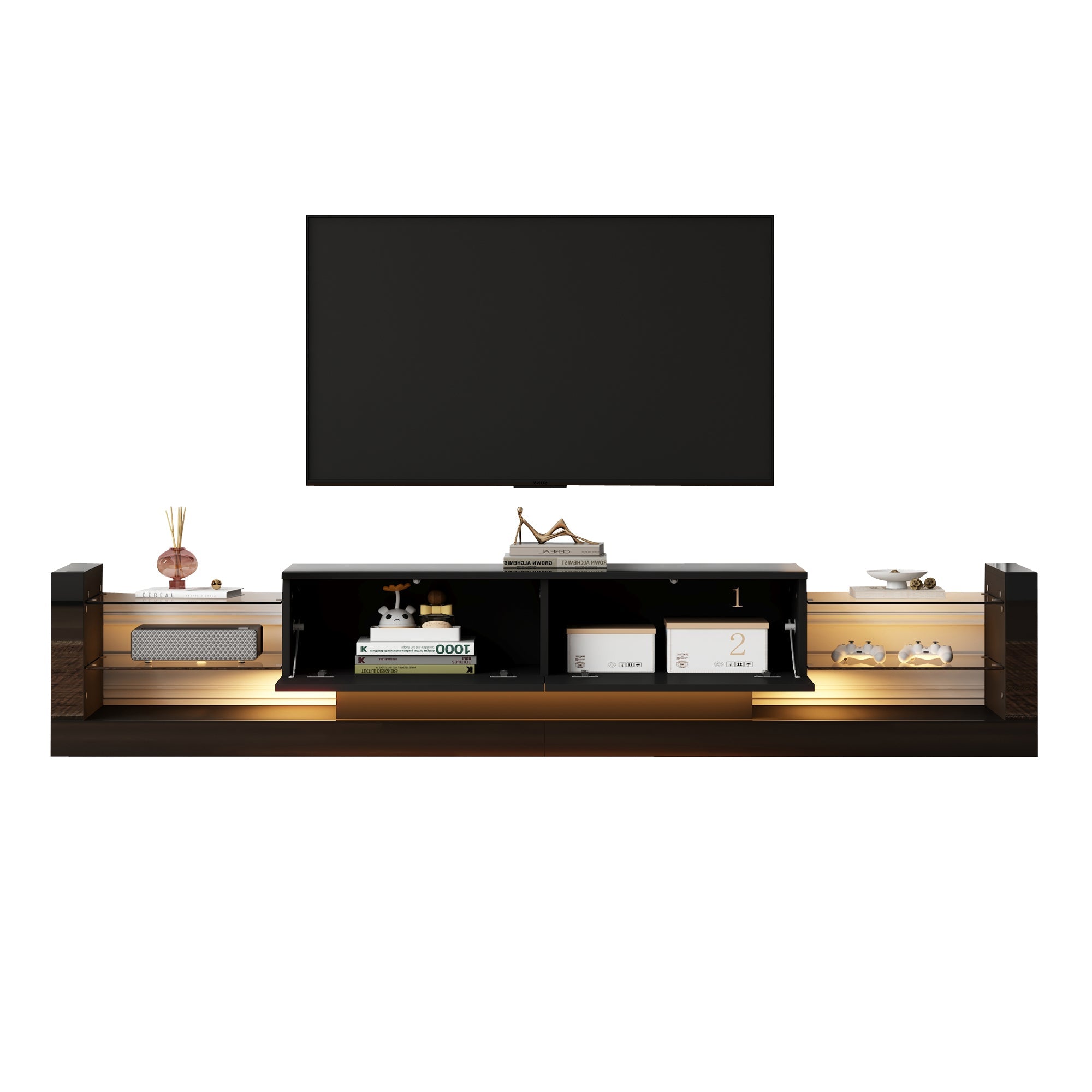 Logidon high-gloss TV cabinet 181 cm LED lighting black glass front
