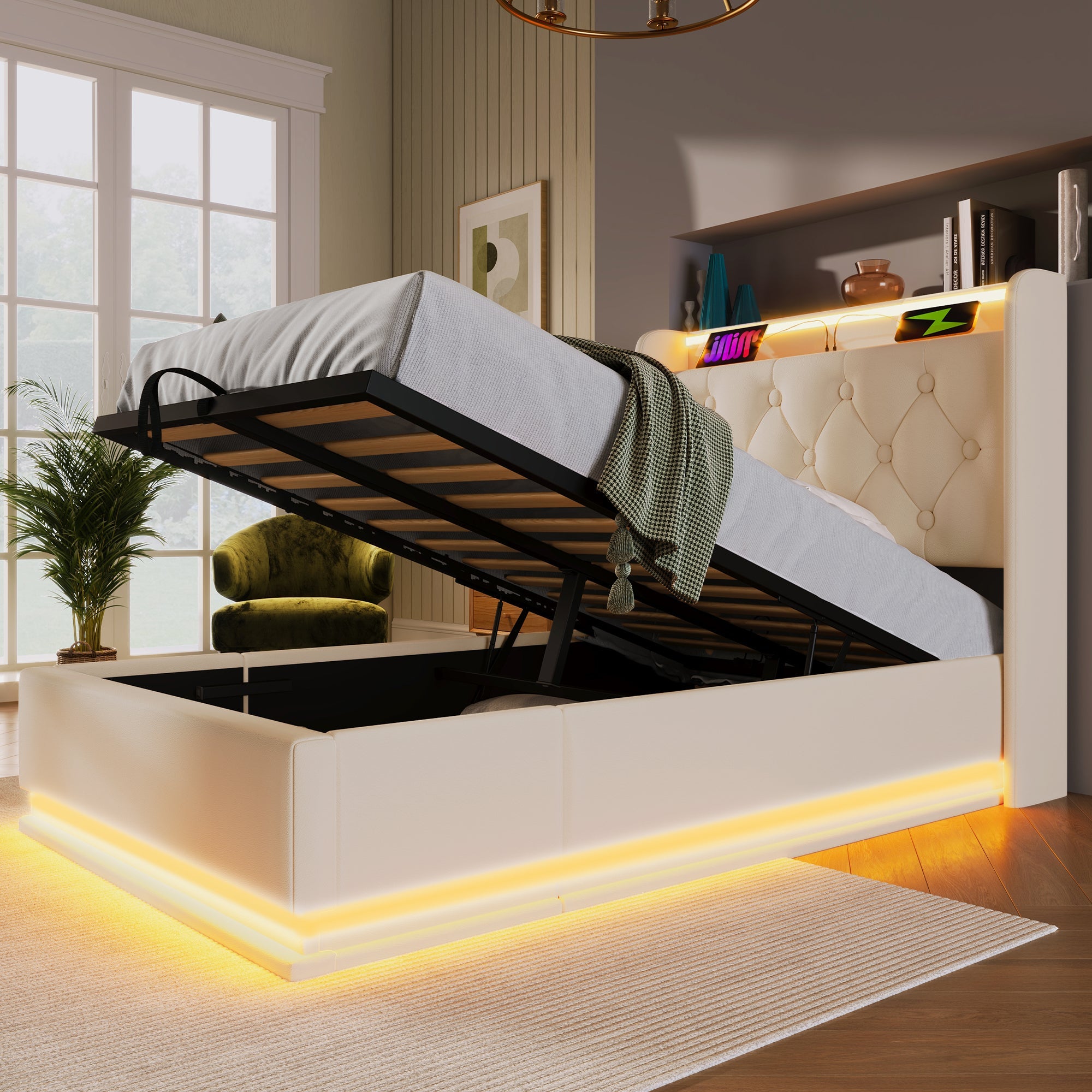 Logidon gestoffeerd bed 90x200 cm wit PU LED USB TypeC oplaadfunctie