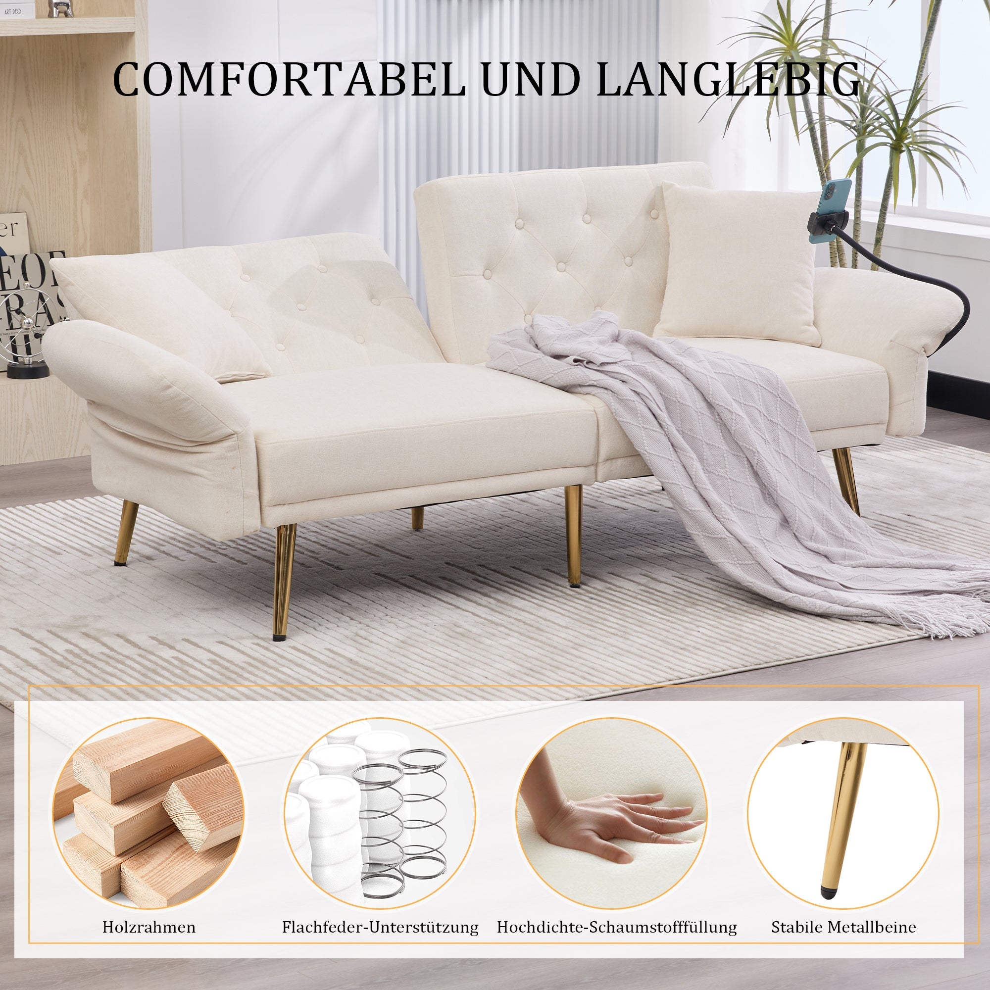 Logidon slaapbank tweezits beige fluweel met verstelbare rugleuning USB