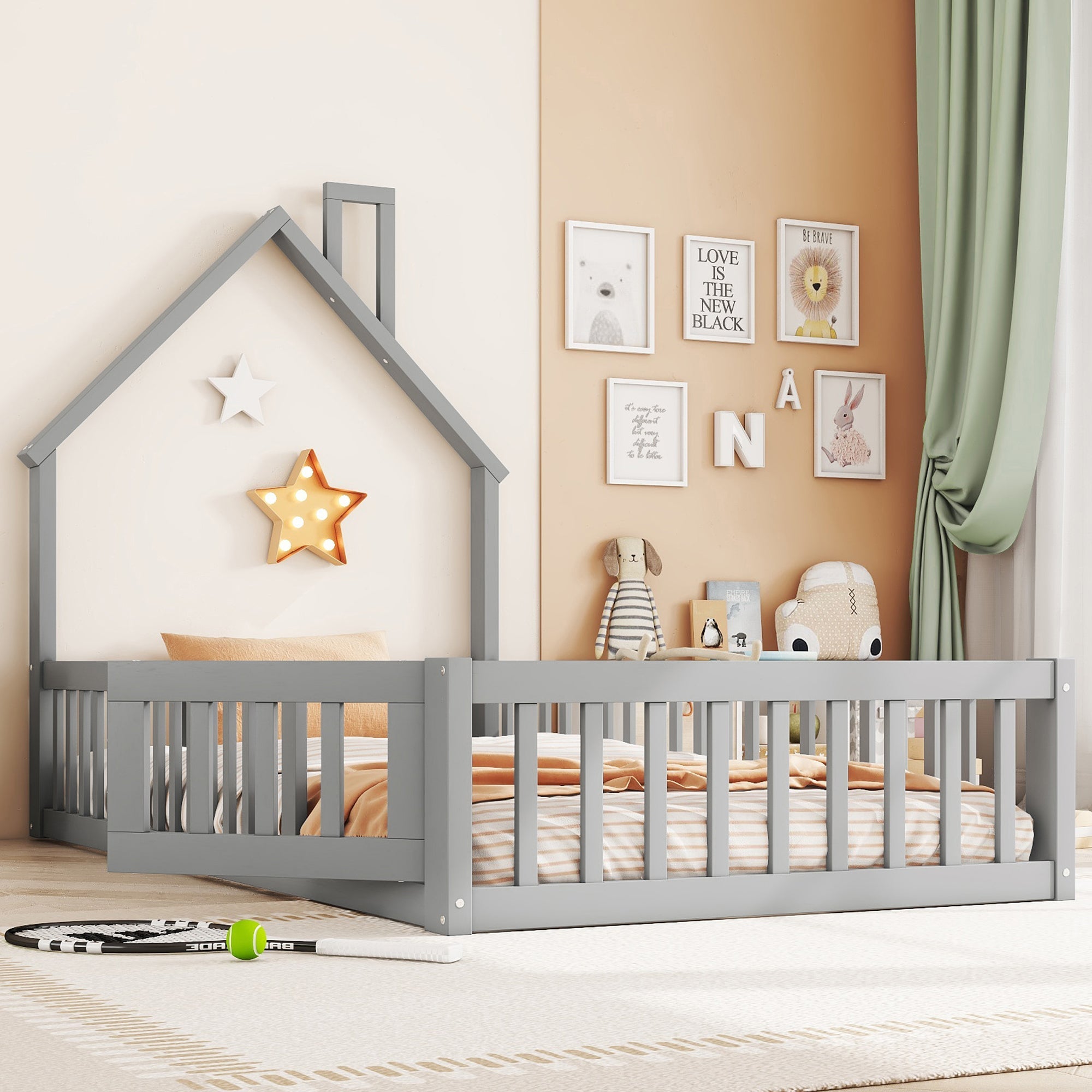 Logidon upholstered bed 90x200 chimney shape gray pine wood