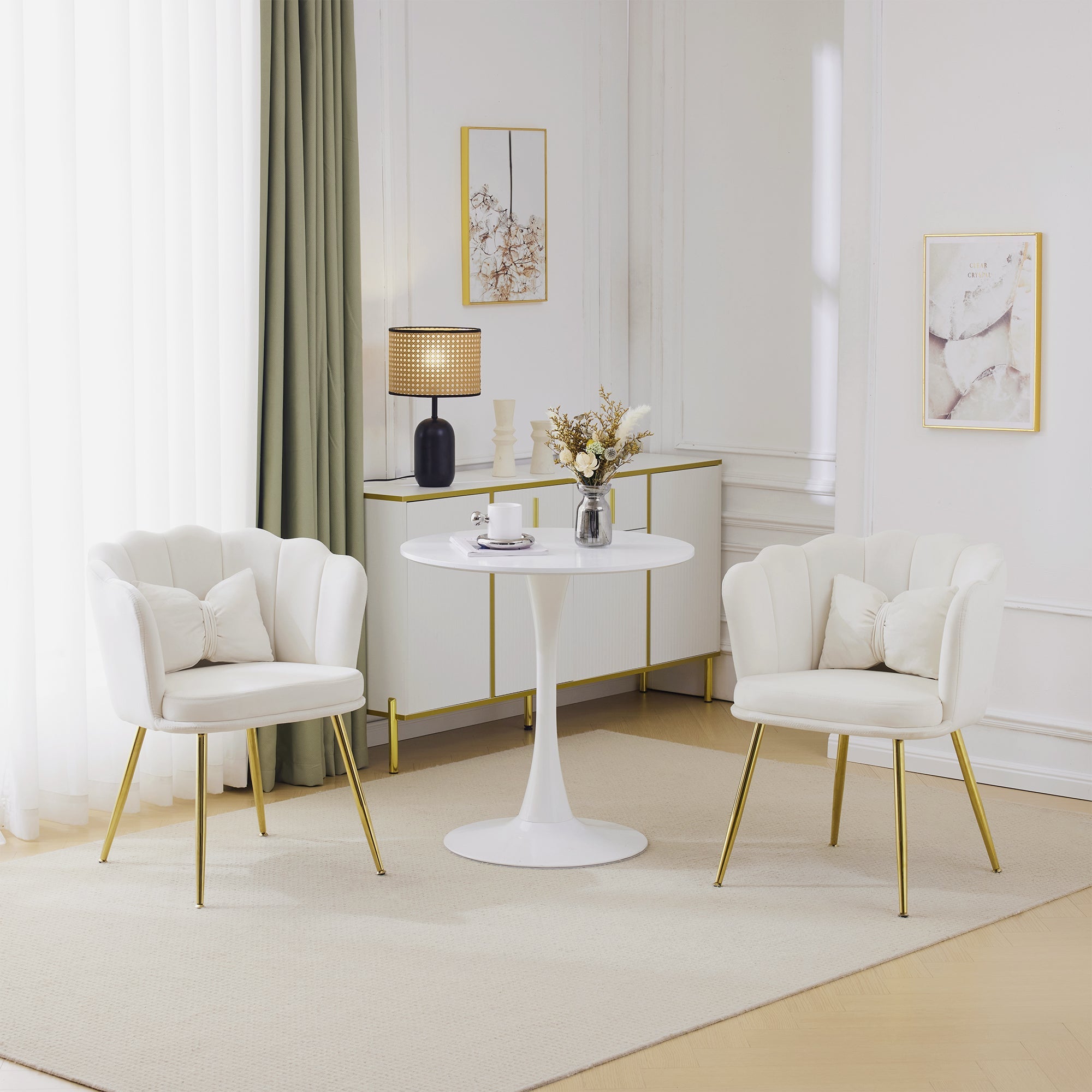 Logidon set van 2 fluwelen stoelen met beige bloemblaadjes en gouden poten