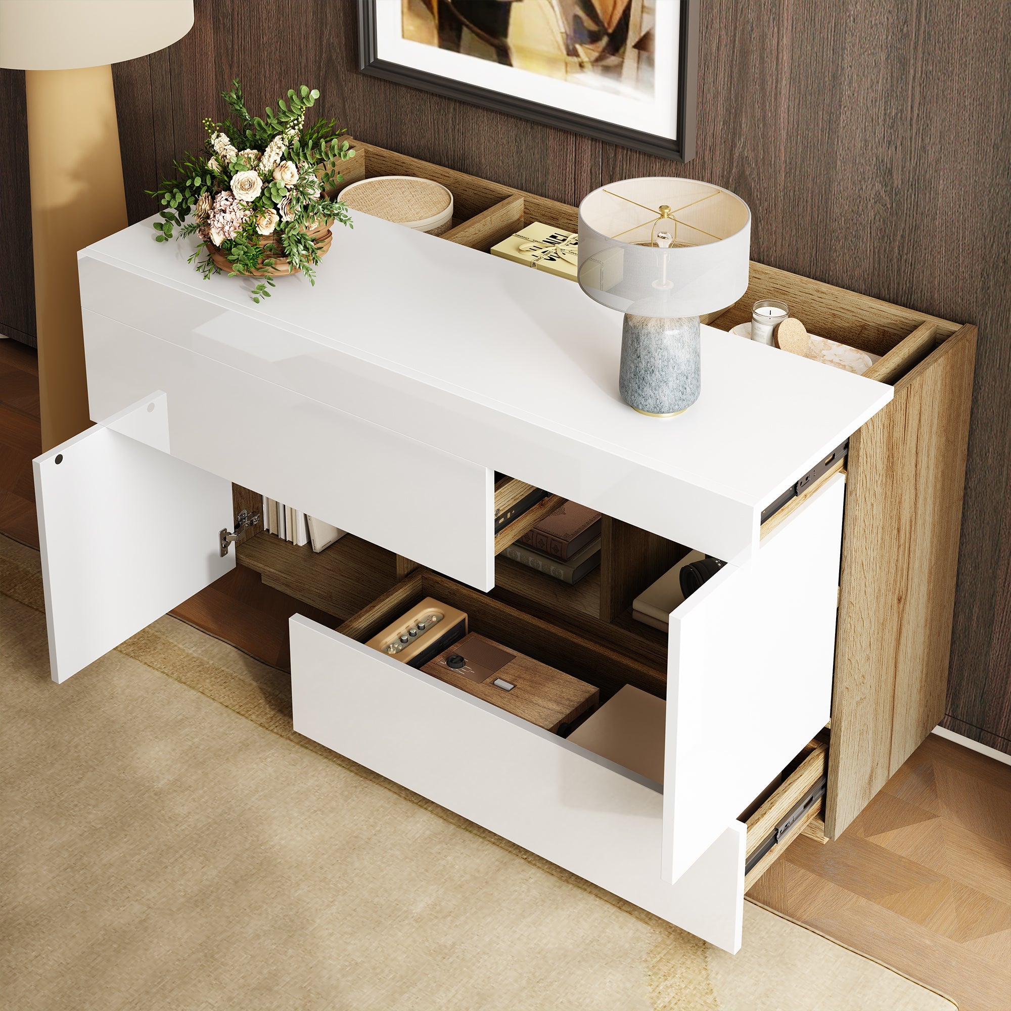 Logidon dressoir hoogglans wit vitrinekast LED 16 kleuren 120x37x76,5 cm