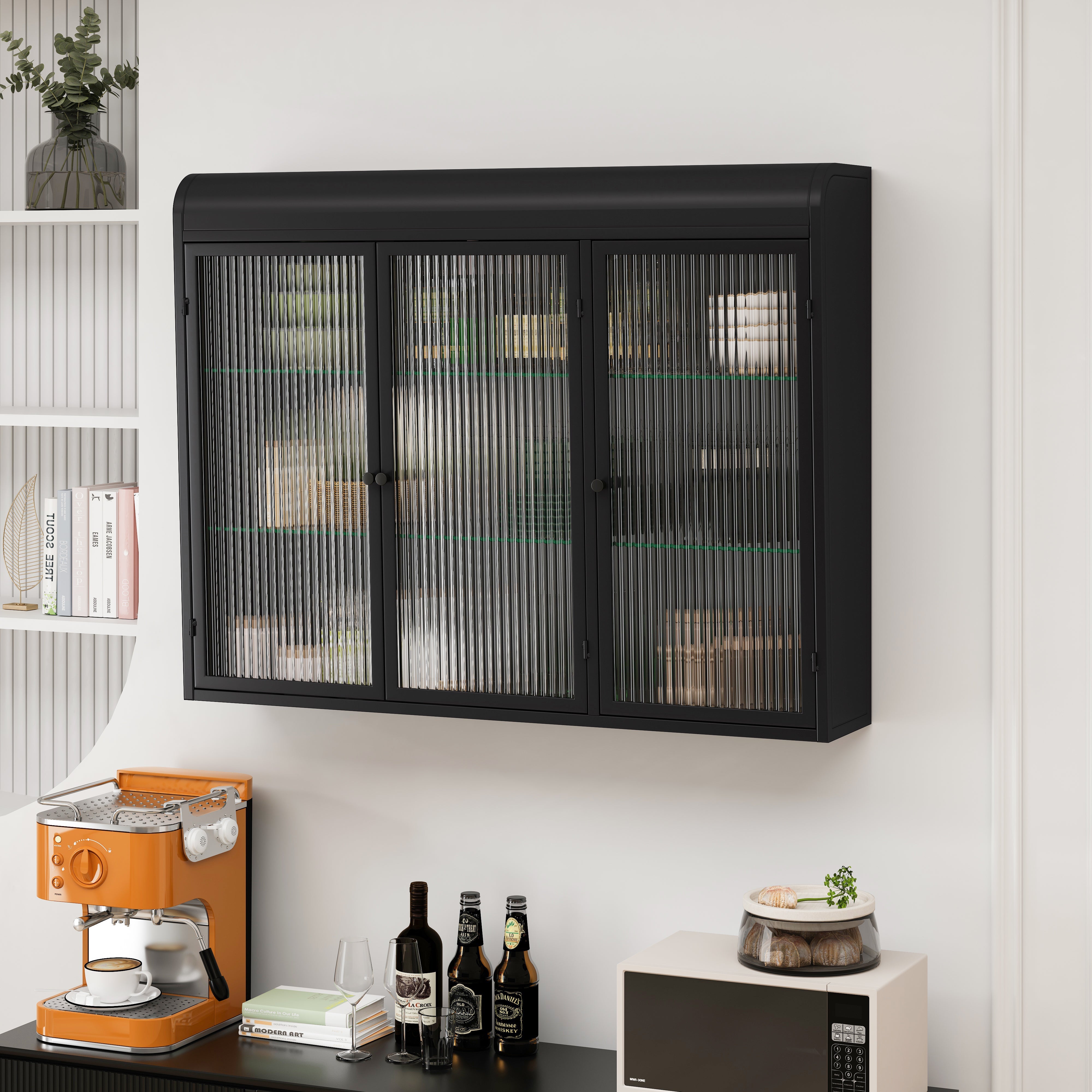 Logidon Driedeurs Glazen Wandvitrinekast Zwart Gebogen Deuren 90 cm