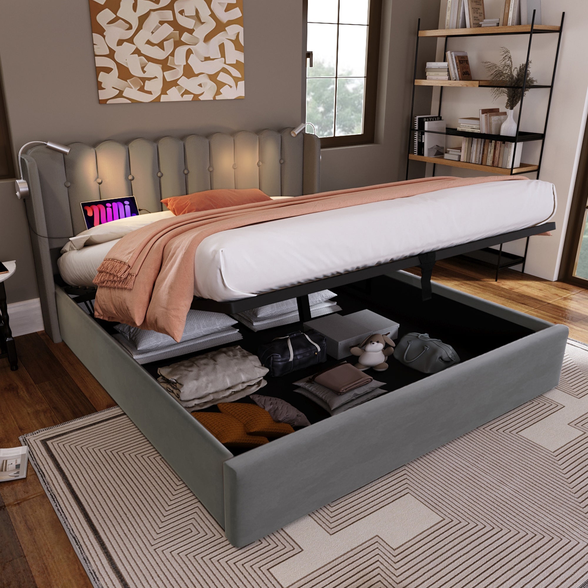 Logidon gestoffeerd bed 140x200 met leeslampje en USB-oplaadfunctie grijs