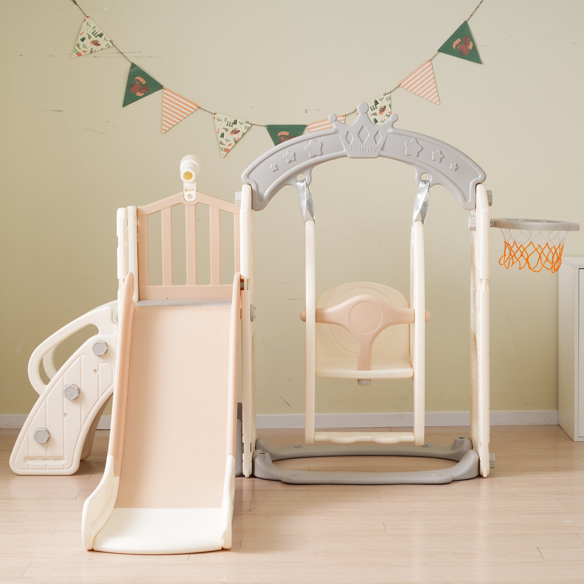 Logidon 5-in-1 kinderspeelset bruin antiek wit schommelglijbaan