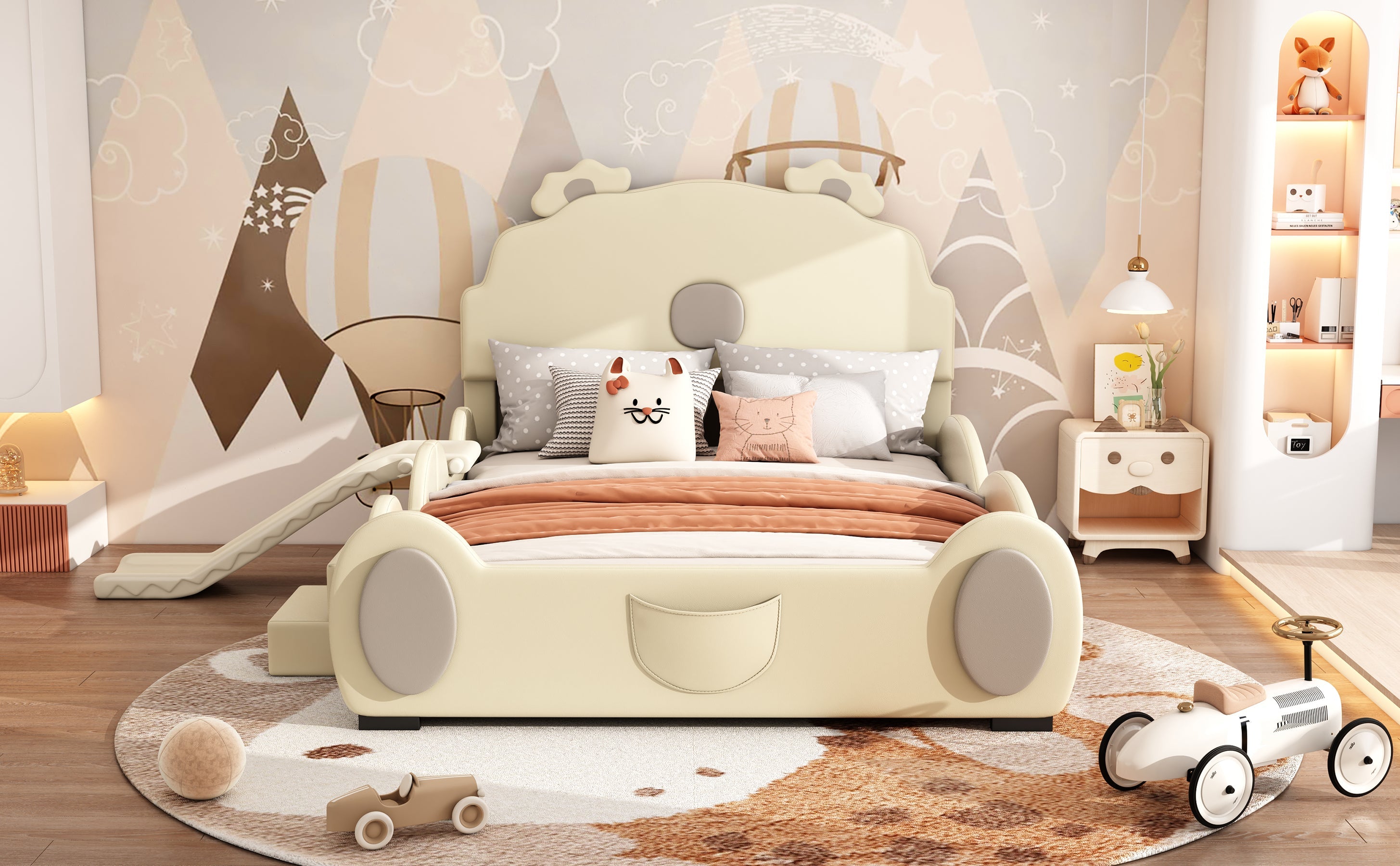 Logidon Cartoon Bear Bed 90x200 cm With Slide And Ladder Beige