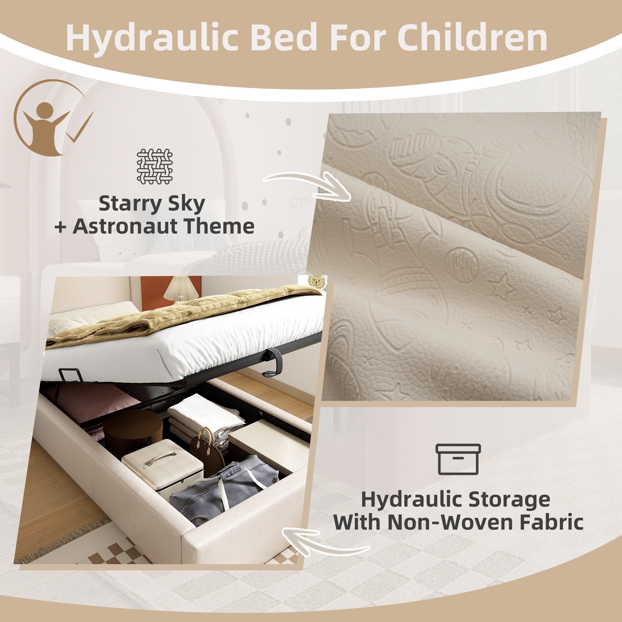 Logidon gestoffeerd bed kinderbed 90x200 beige kosmisch patroon