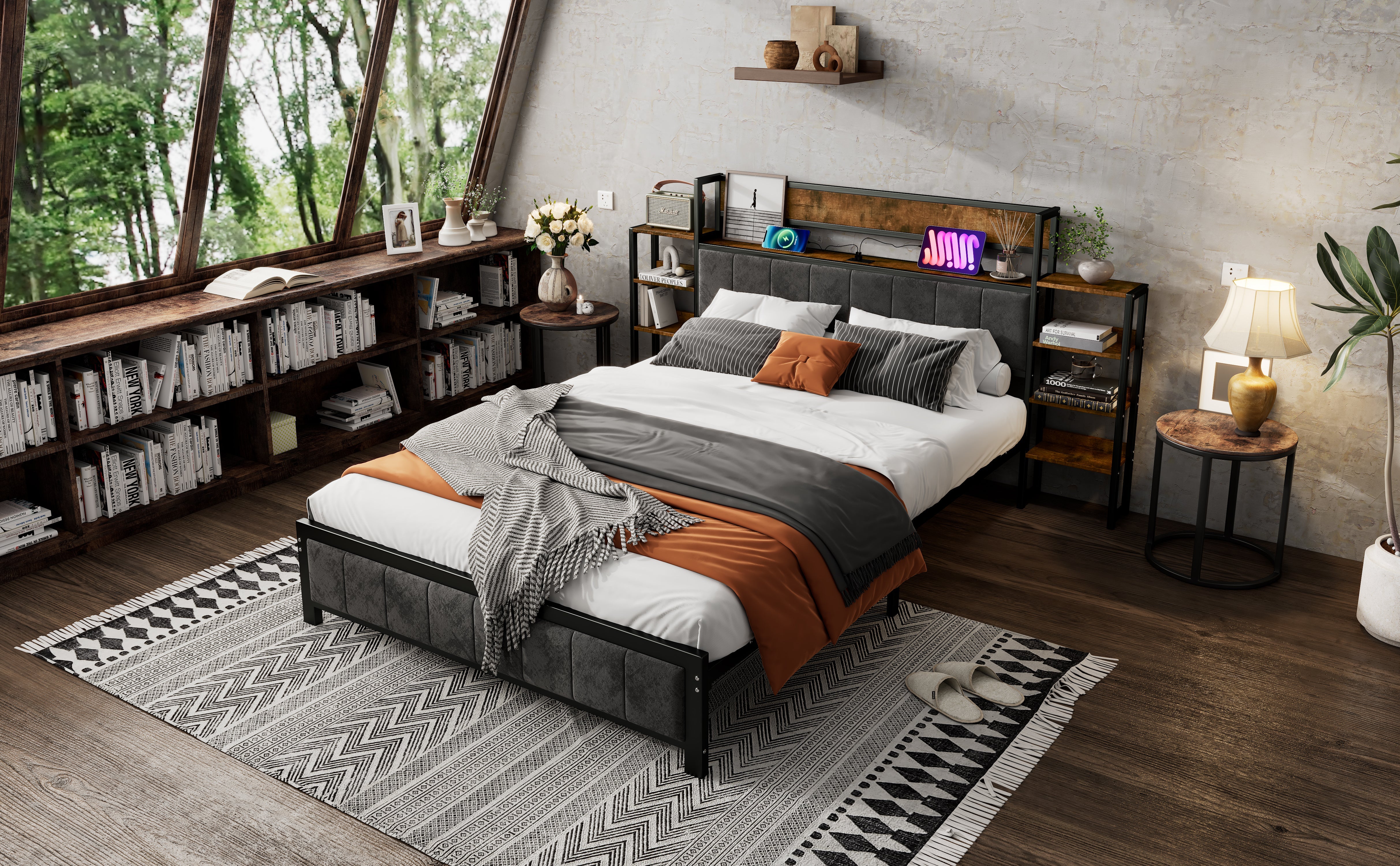 Logidon metalen bed 140x200 met opbergruimte USB-poorten zwart walnoot
