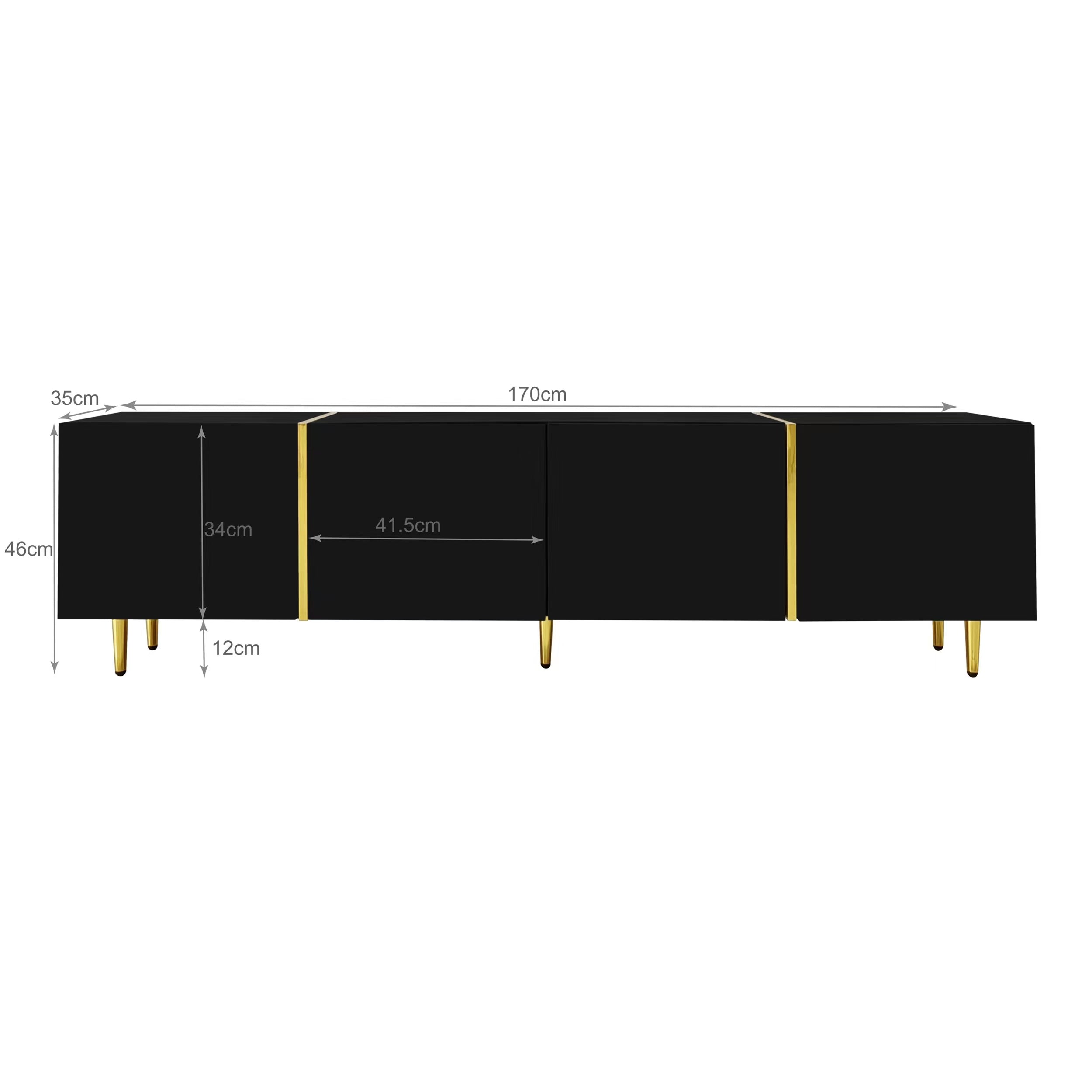 Logidon high-gloss TV cabinet 170 cm black-gold, 4 doors, modern
