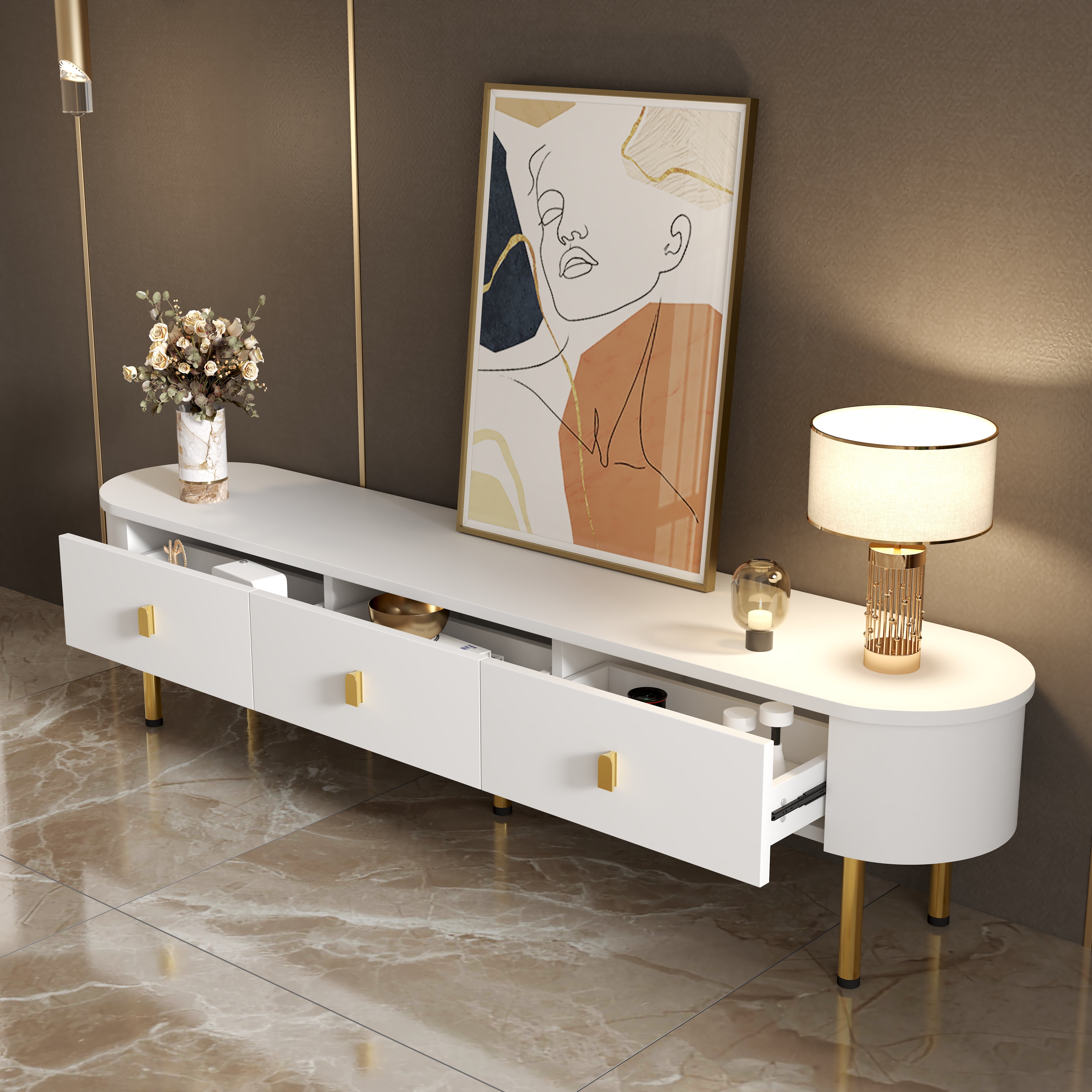 Logidon lowboard TV furniture 174 cm white glossy with golden handles