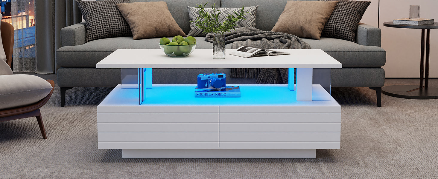 Logidon Witte LED Salontafel met Opbergruimte Bluetooth App Bediening 100x50x42 Cm