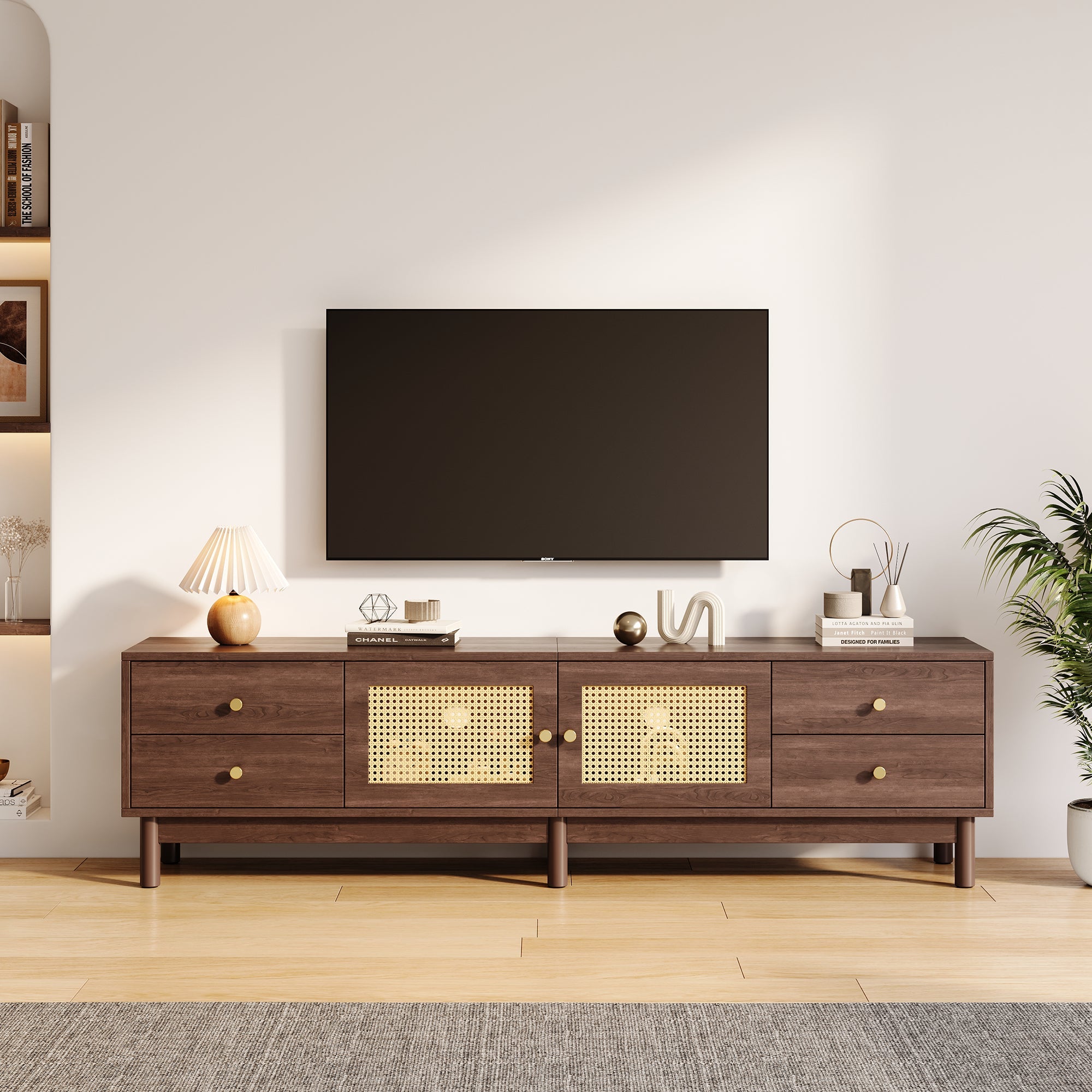 Logidon TV cabinet 180 cm dark wood look rattan doors cable management