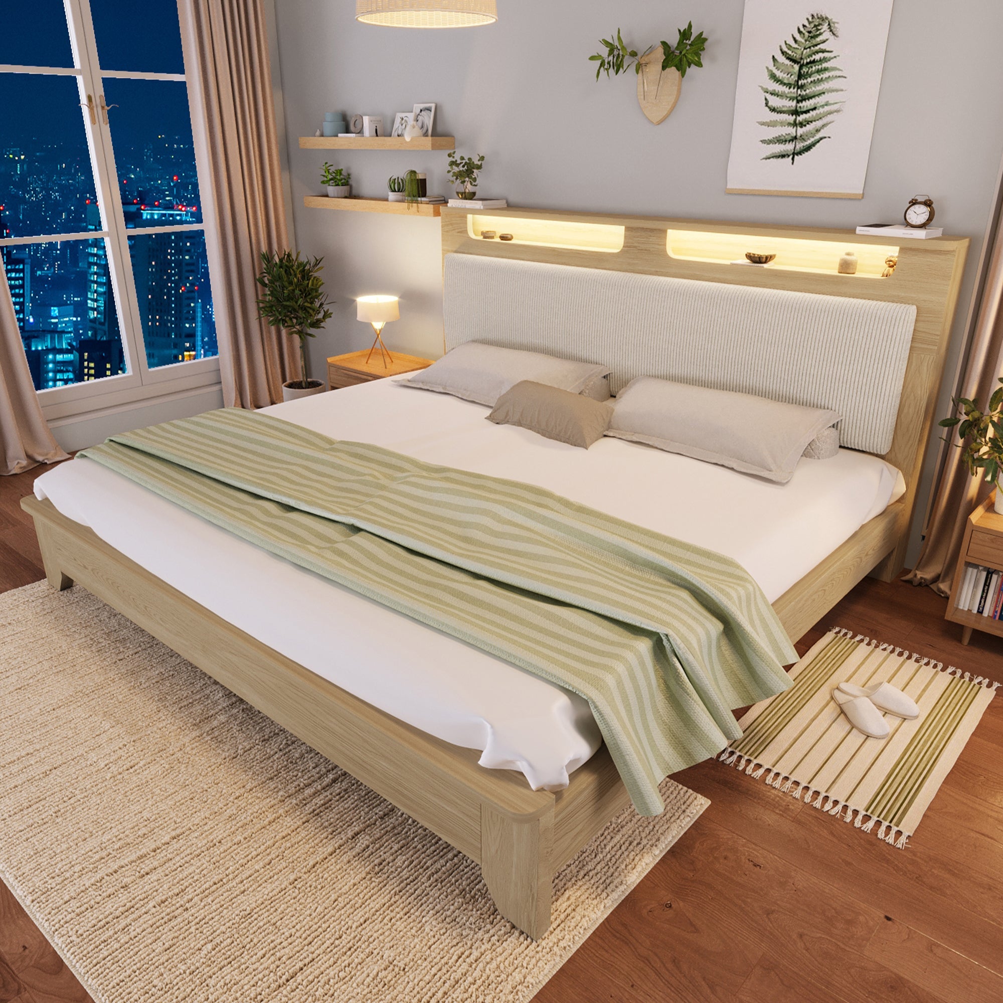 Logidon tweepersoonsbed 160x200 cm met opbergruimte en LED-verlichting beige