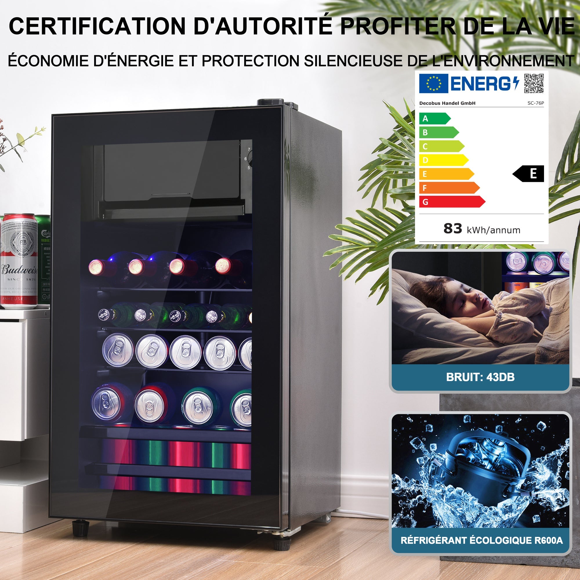 Logidon 76L minikoelkast Zwart 70L koelgedeelte, 6L vriesgedeelte, LED