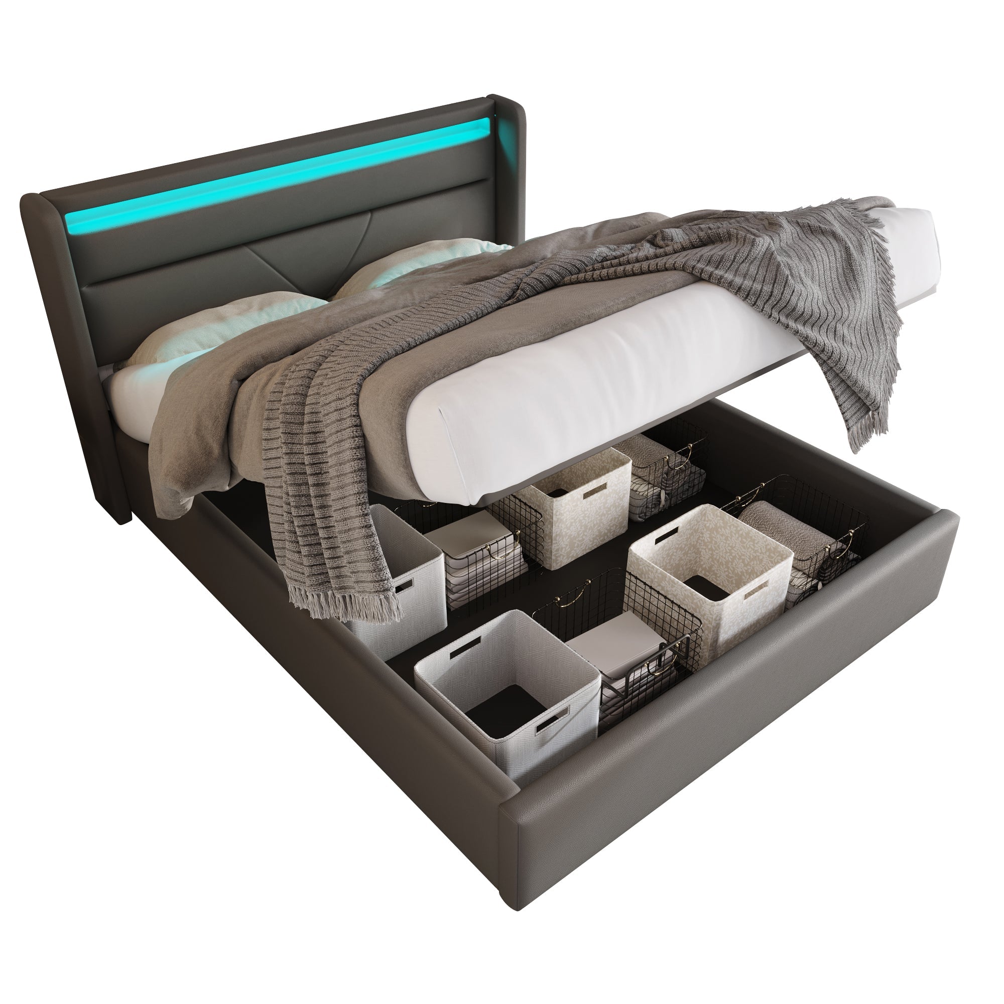 Logidon hydraulisch opbergbed 160x200cm tweepersoonsbed grijs LED