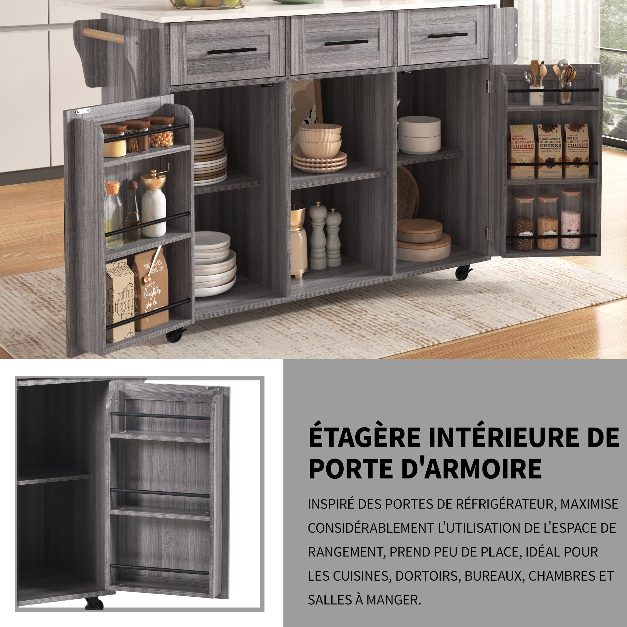 Logidon serving trolley gray wood look with folding table top and storage space