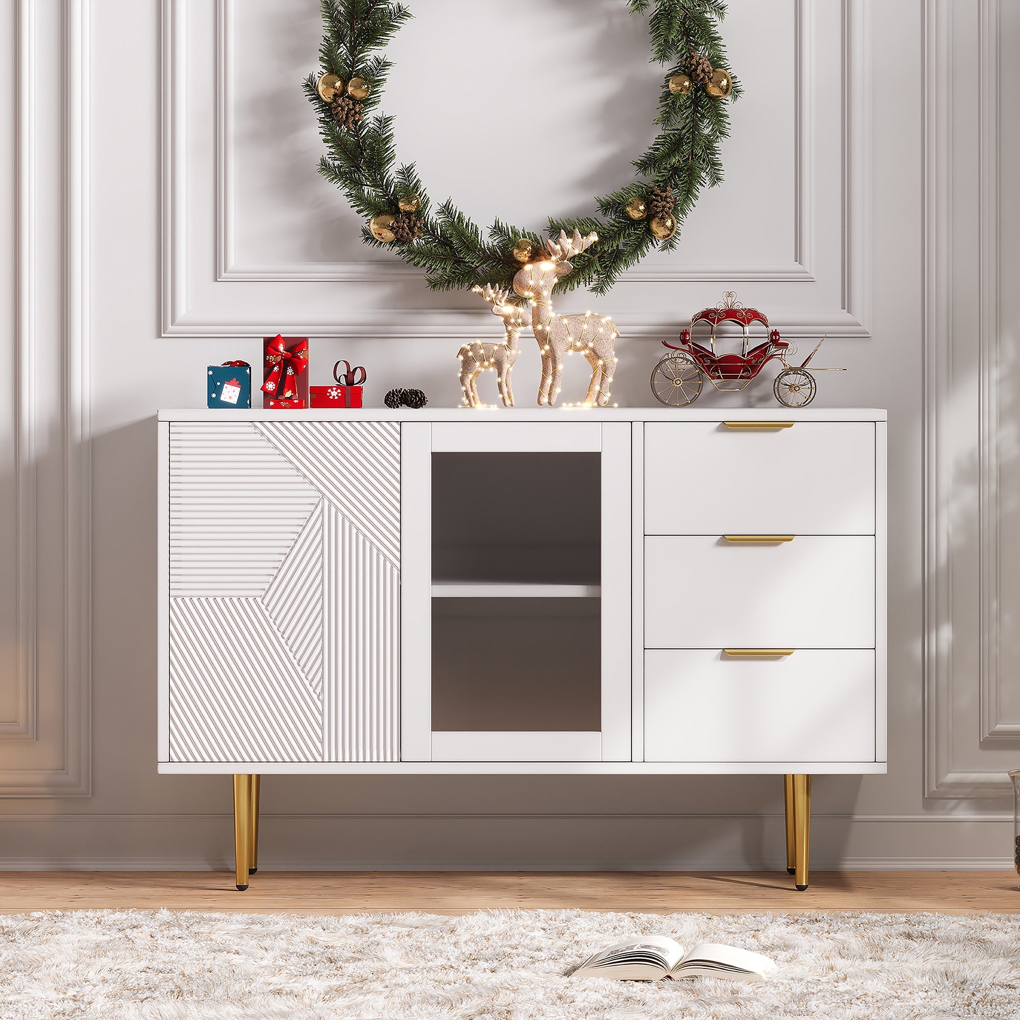 Logidon ladekast wit met 3 lades en 2 glazen deuren 120x38x79,5 cm