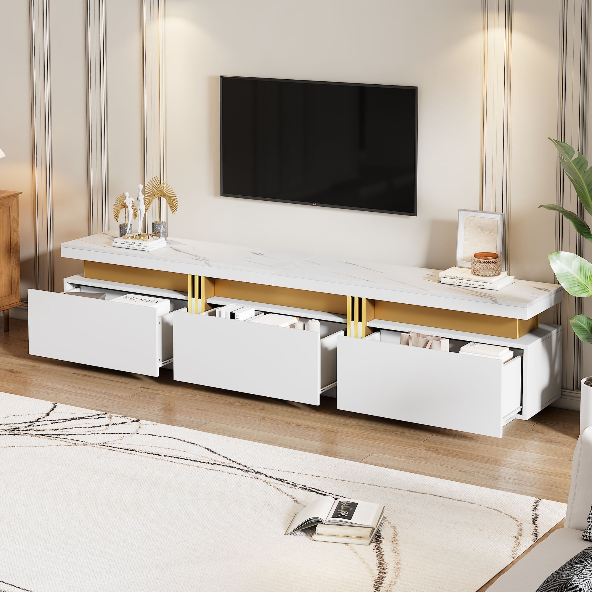 Logidon TV-meubel 200 cm marmerlook drie lades kabelmanagement