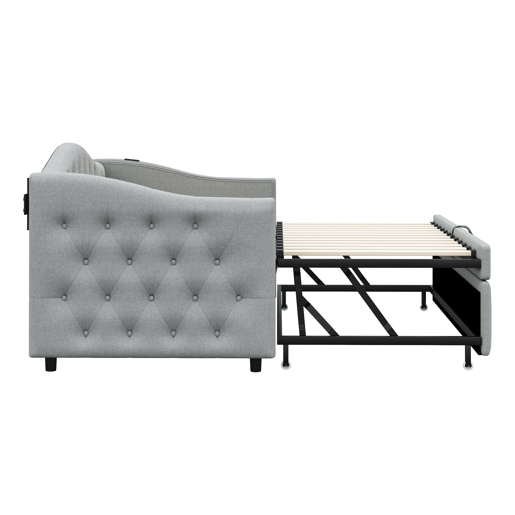 Logidon Upholstered Bed Extendable Sofa Bed 90x200 Gray Linen Fabric USB