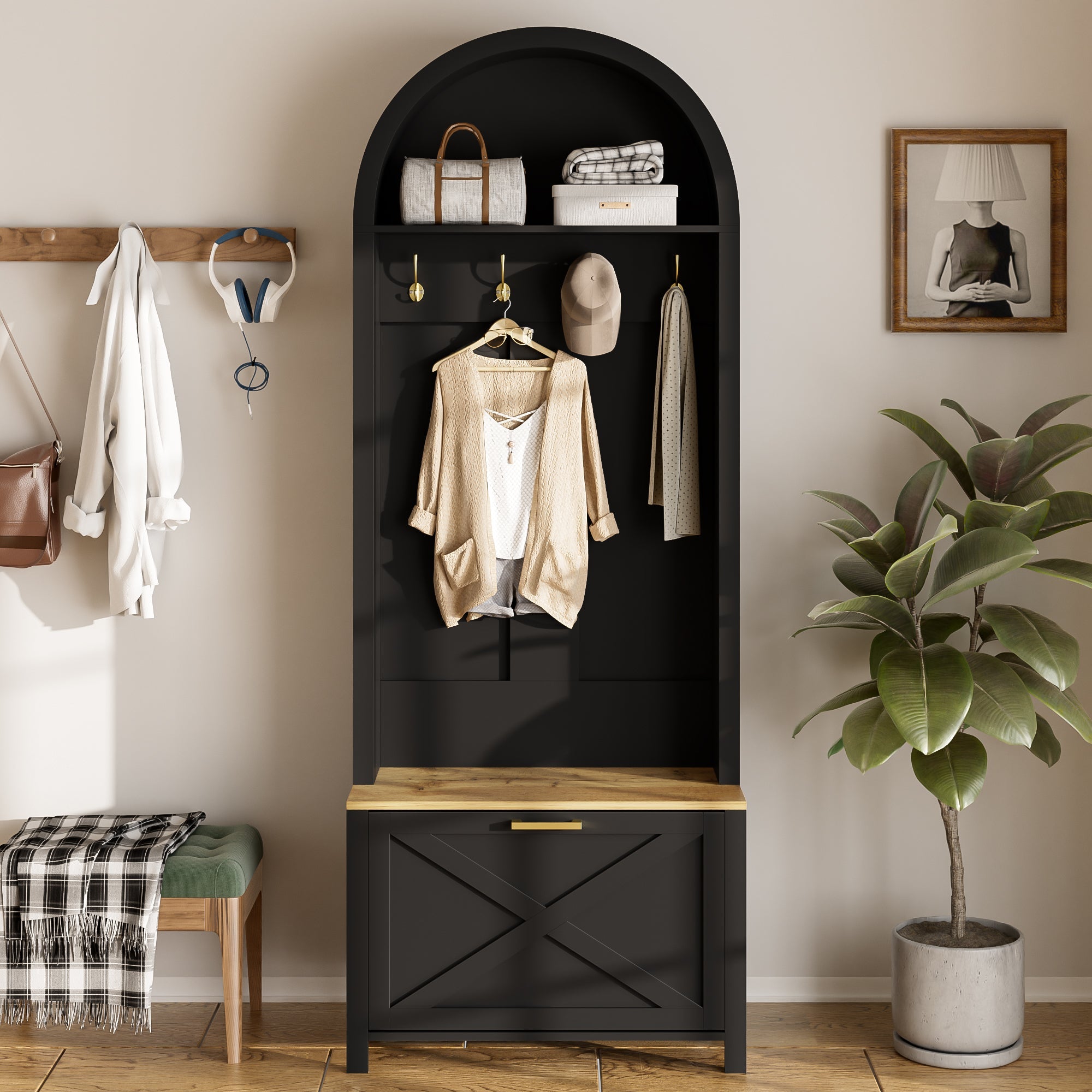 Logidon Garderobekast Zwart 75x35x195 cm Halboom met Schoenenrek