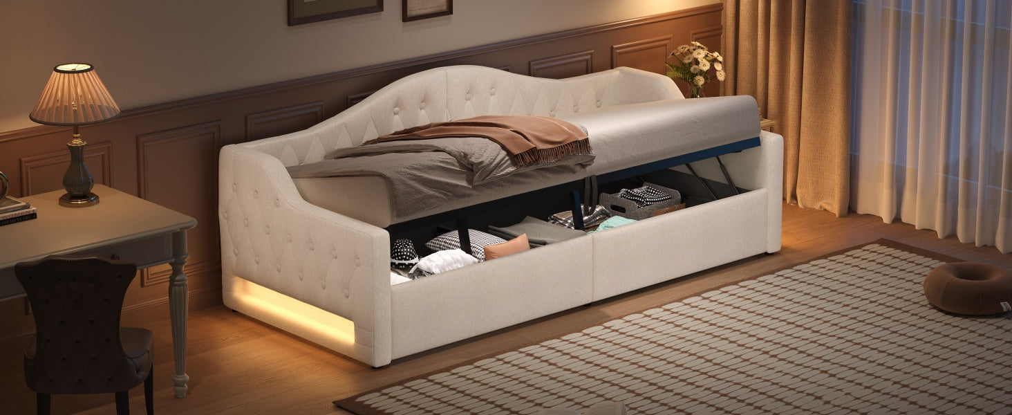 Logidon gestoffeerd dagbed 90x200 beige met opbergruimte met LED-verlichting