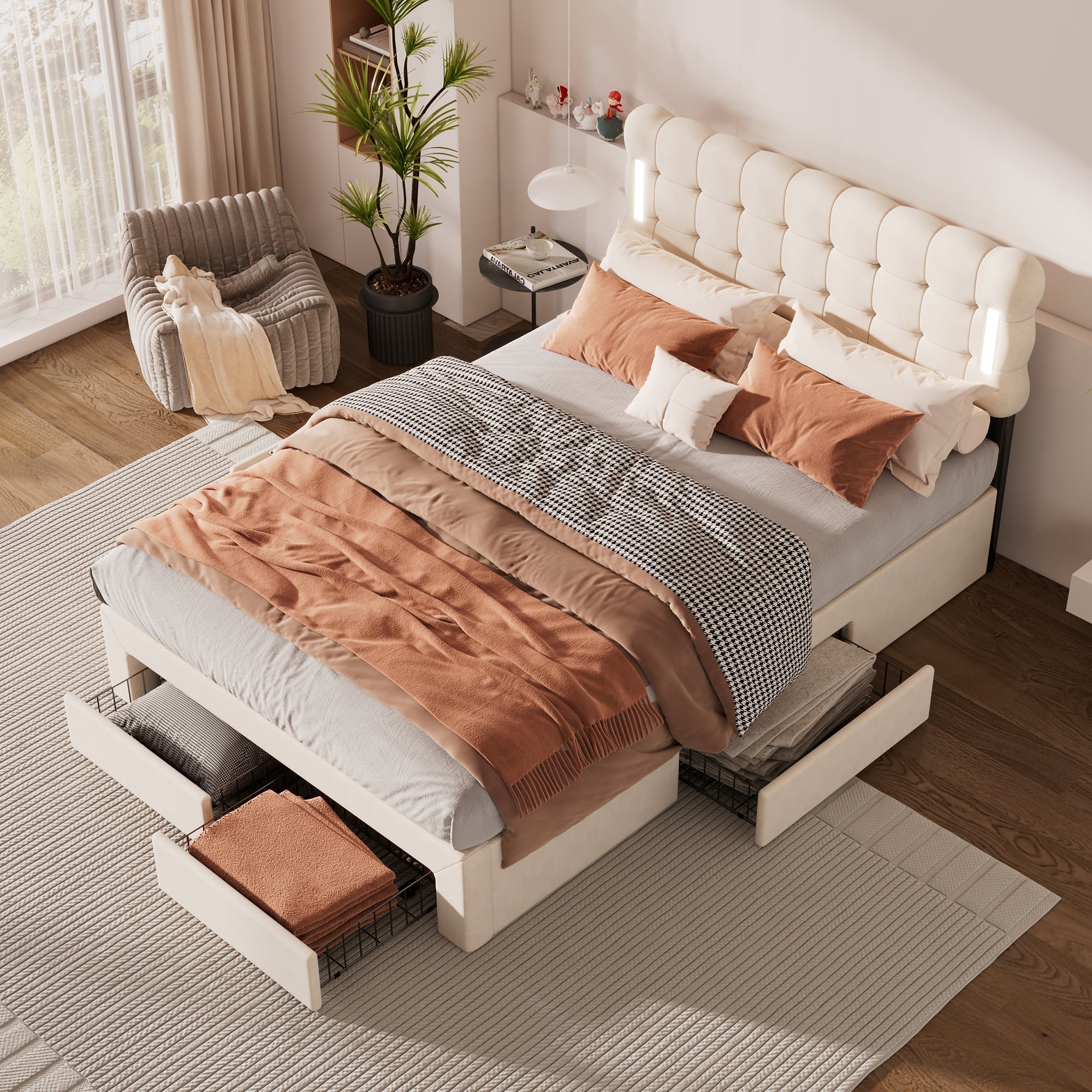 Logidon Flat Bed 140x200 Beige Velvet With Lighting And 4 Drawers