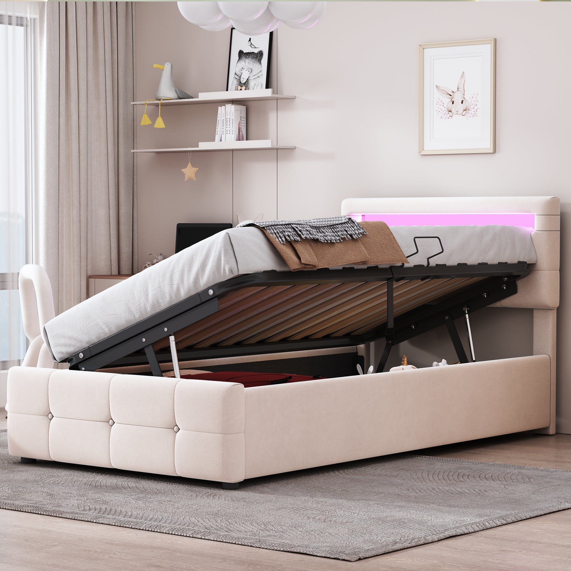 Logidon kinderbed 90x200 cm met LED verlichting beige fluweel