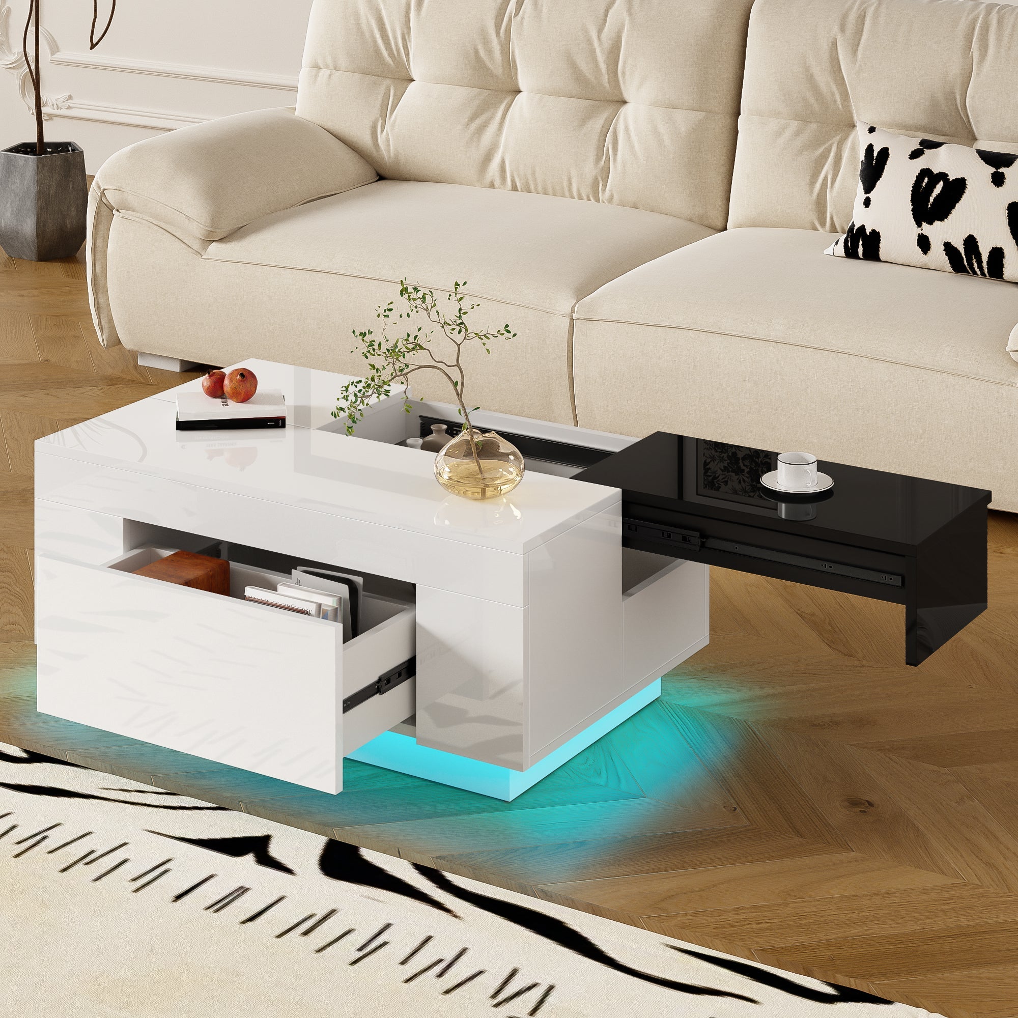Logidon hoogglans salontafel met LED verlichting uitschuifbaar 80x50 wit