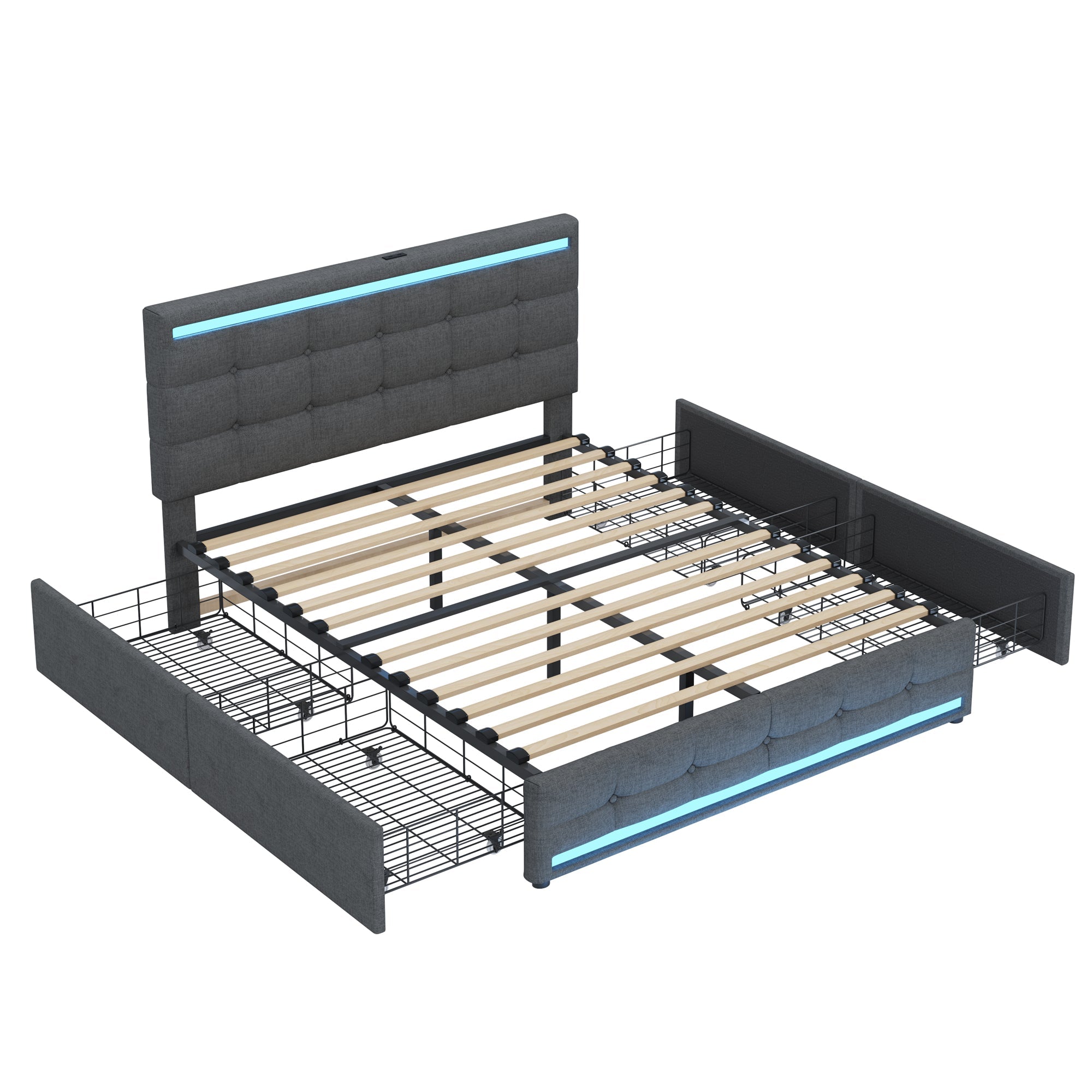 Logidon gestoffeerd bed 140x200 cm grijs LED opbergruimte USB 4 lades