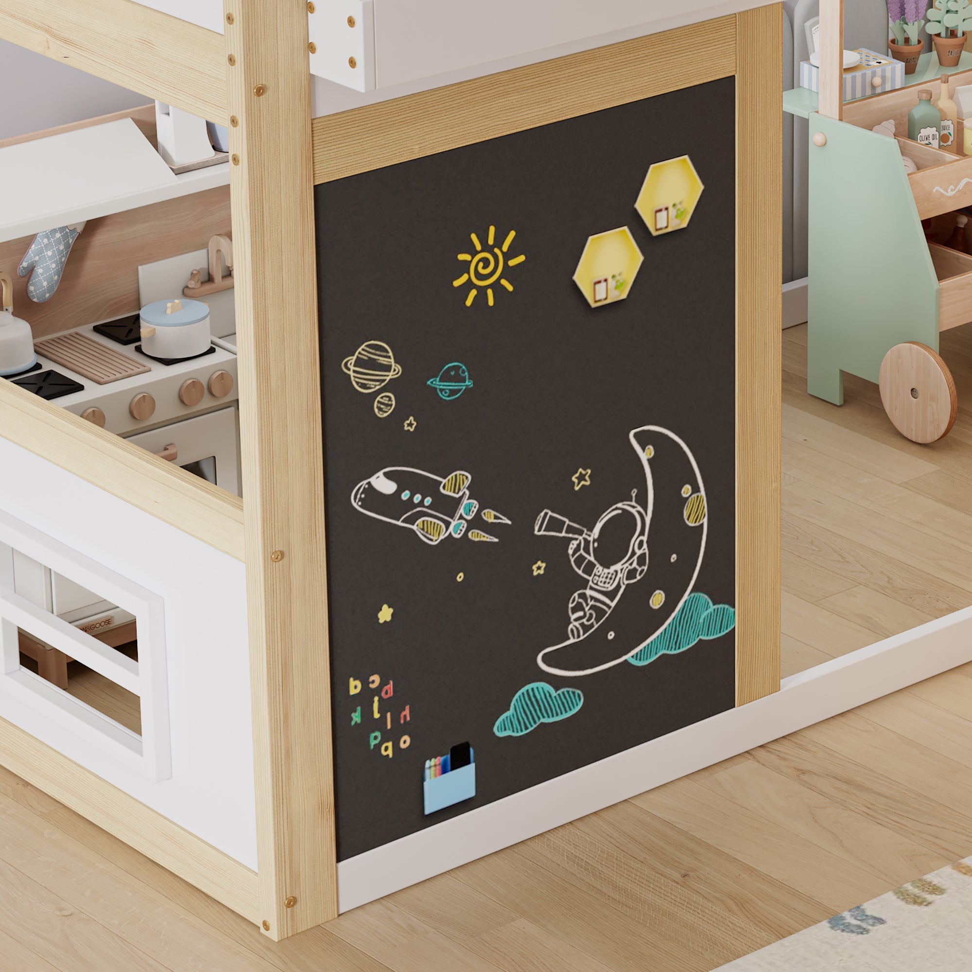 Logidon Kinderhoogslaper 90x200 met plankruimte en opbergruimte wit-naturel